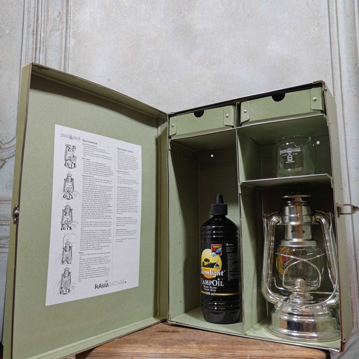 Vintage Manufactum Feuerhand 276 Baby Special Set in Case – NOS Hurricane Lantern with Spare Glass and Parts