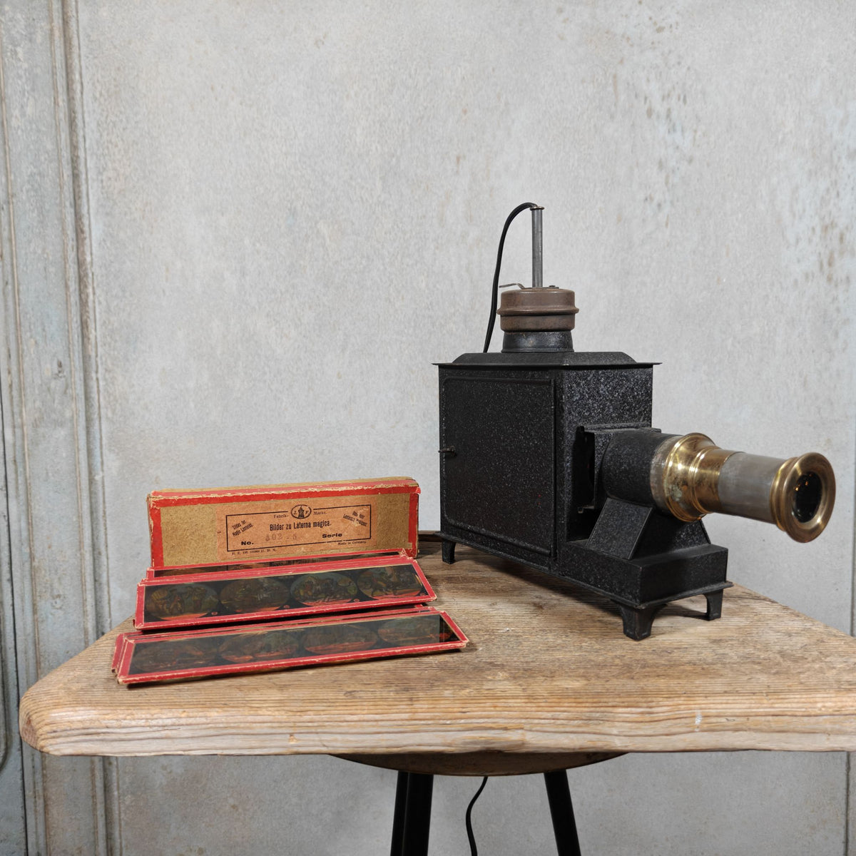 Fantastic Complete Electric Magic Lantern, Original, Including Fairy Tale Slides by Johann Falk – Most Likely 1930-1950