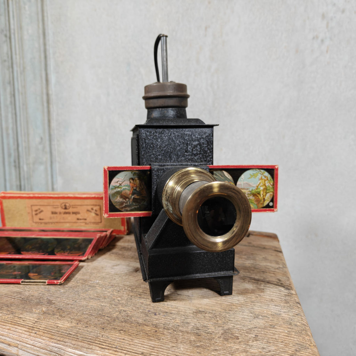 Fantastic Complete Electric Magic Lantern, Original, Including Fairy Tale Slides by Johann Falk – Most Likely 1930-1950