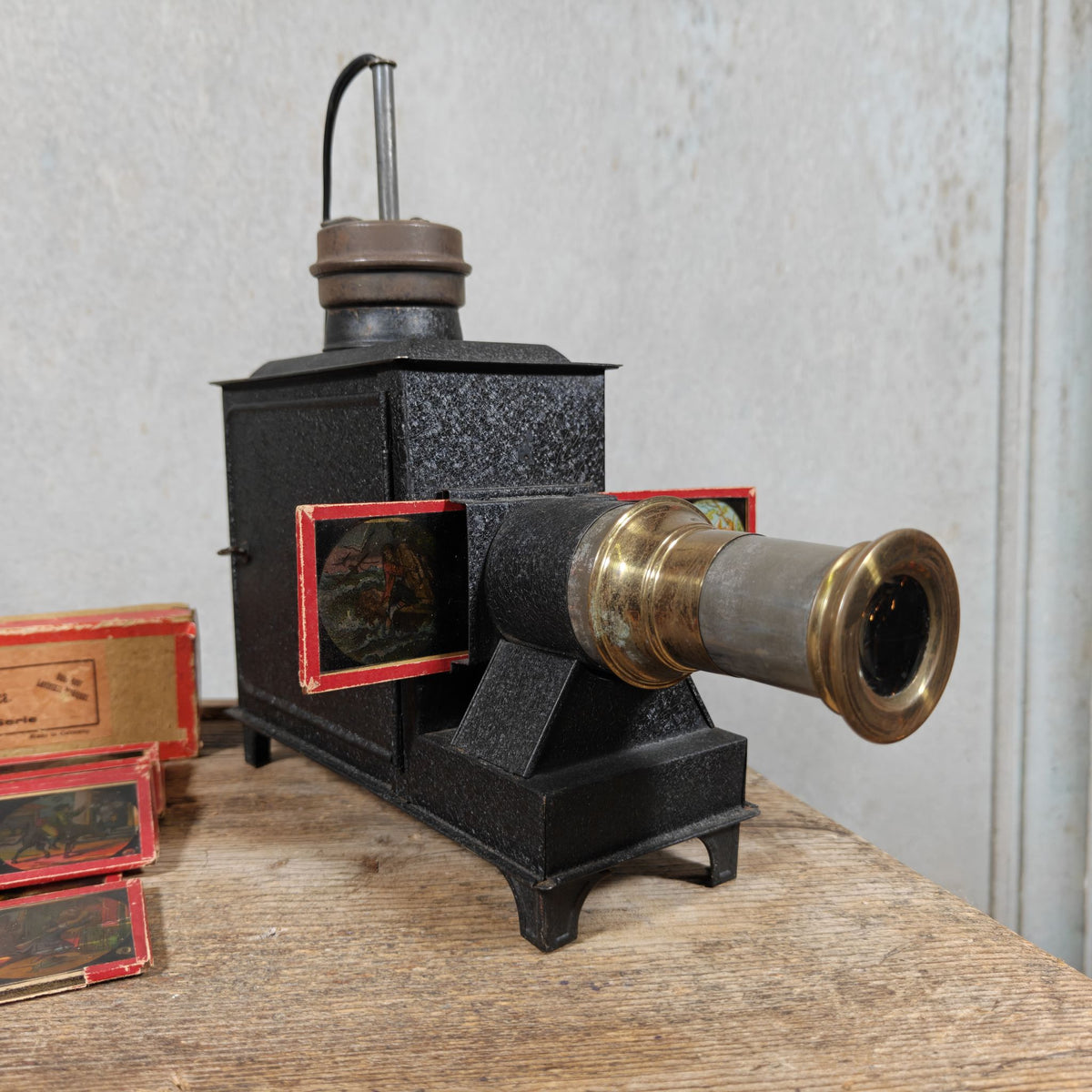 Fantastic Complete Electric Magic Lantern, Original, Including Fairy Tale Slides by Johann Falk – Most Likely 1930-1950