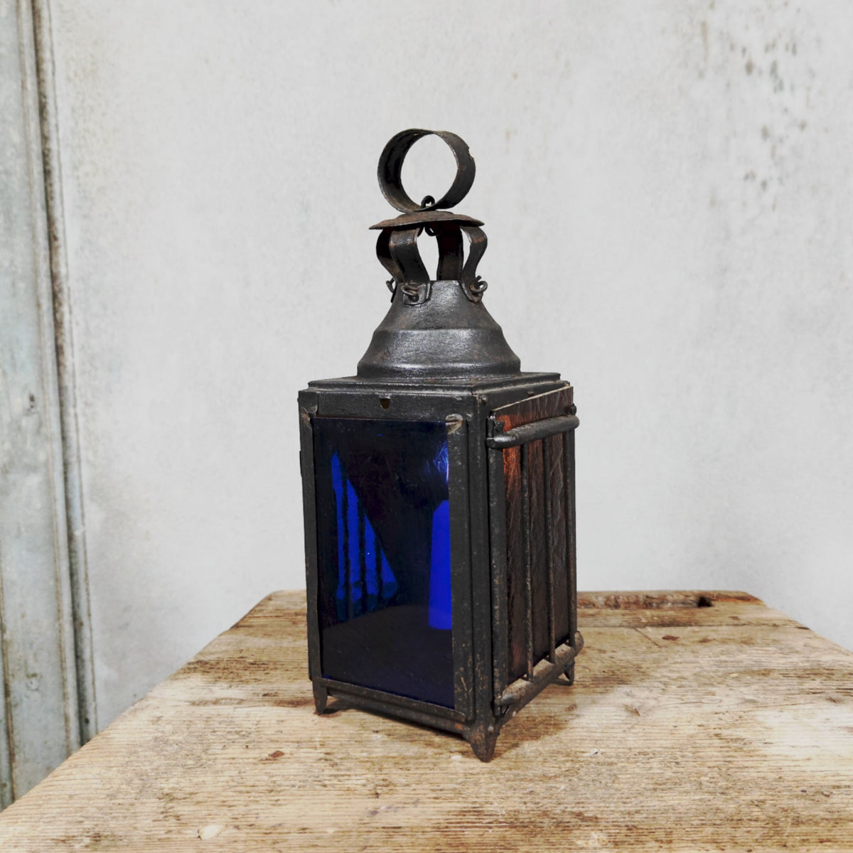 Very Special Candle Lantern, Hand Lantern, Hanging Lamp – Number 1, Most Likely French – Coloured Glass Panes, Vintage Condition