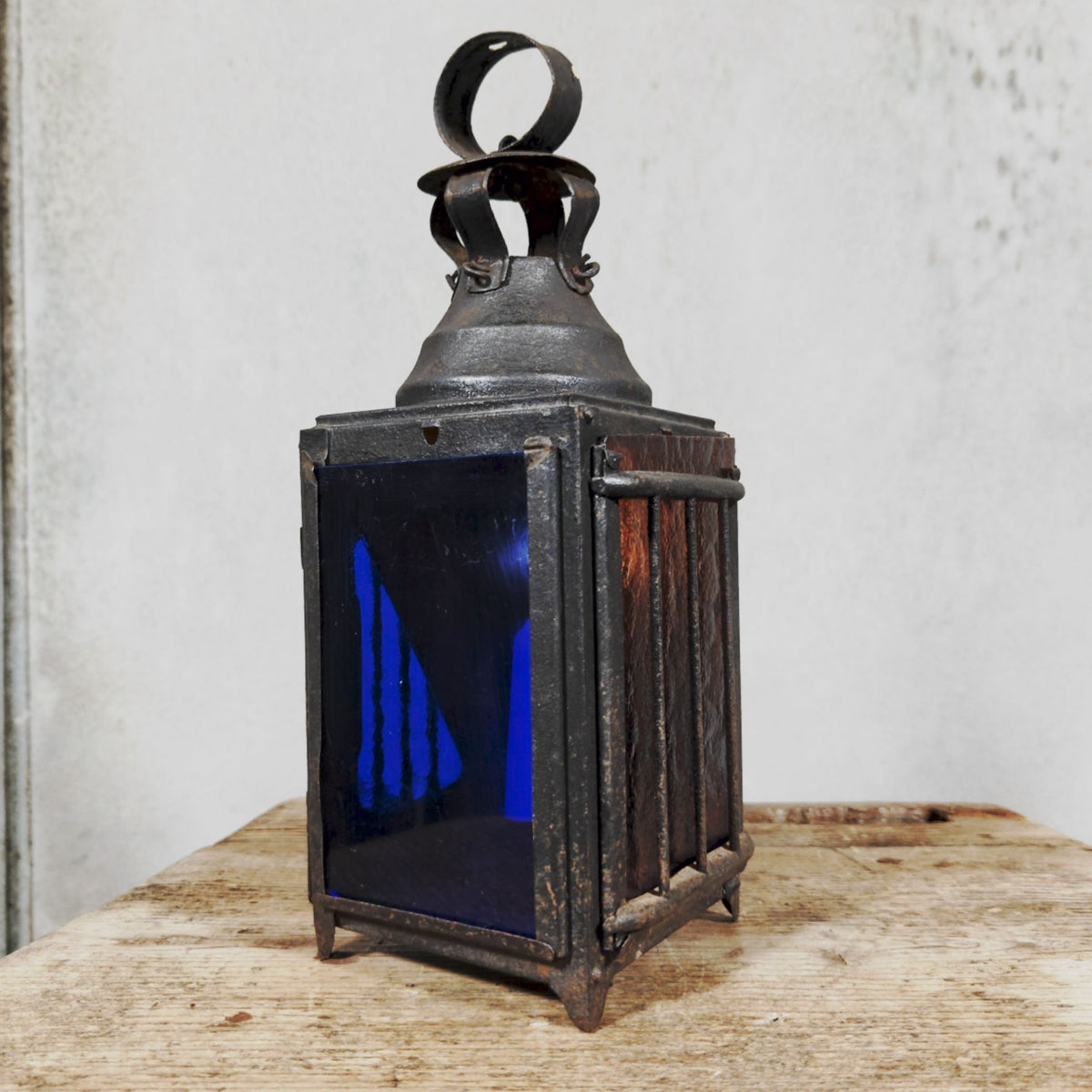 Very Special Candle Lantern, Hand Lantern, Hanging Lamp – Number 1, Most Likely French – Coloured Glass Panes, Vintage Condition