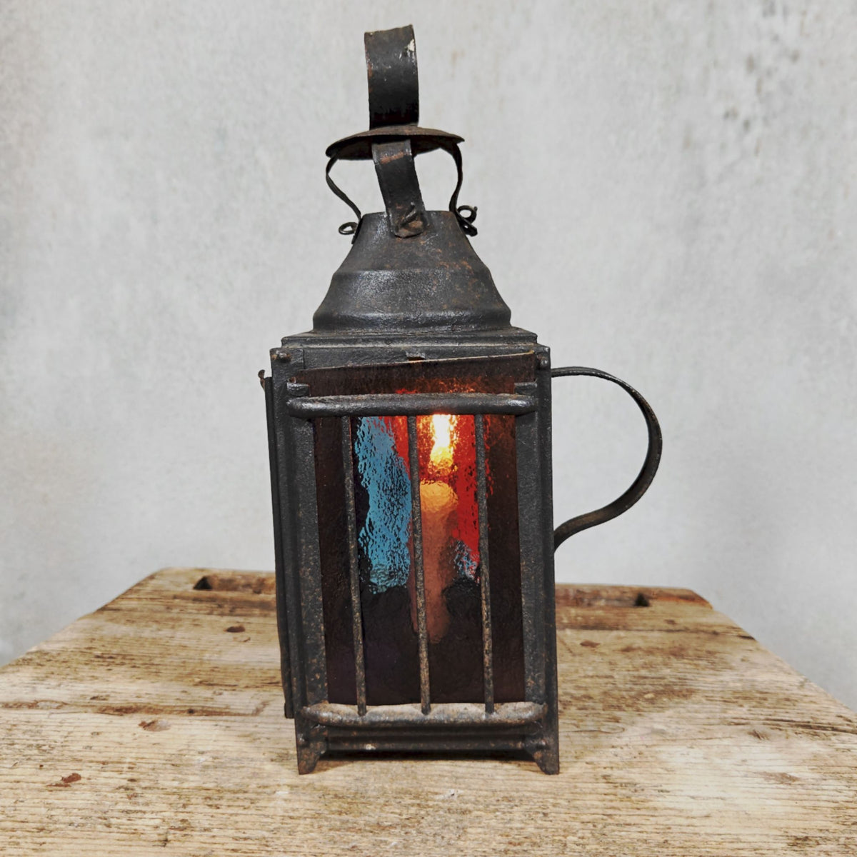 Very Special Candle Lantern, Hand Lantern, Hanging Lamp – Number 1, Most Likely French – Coloured Glass Panes, Vintage Condition