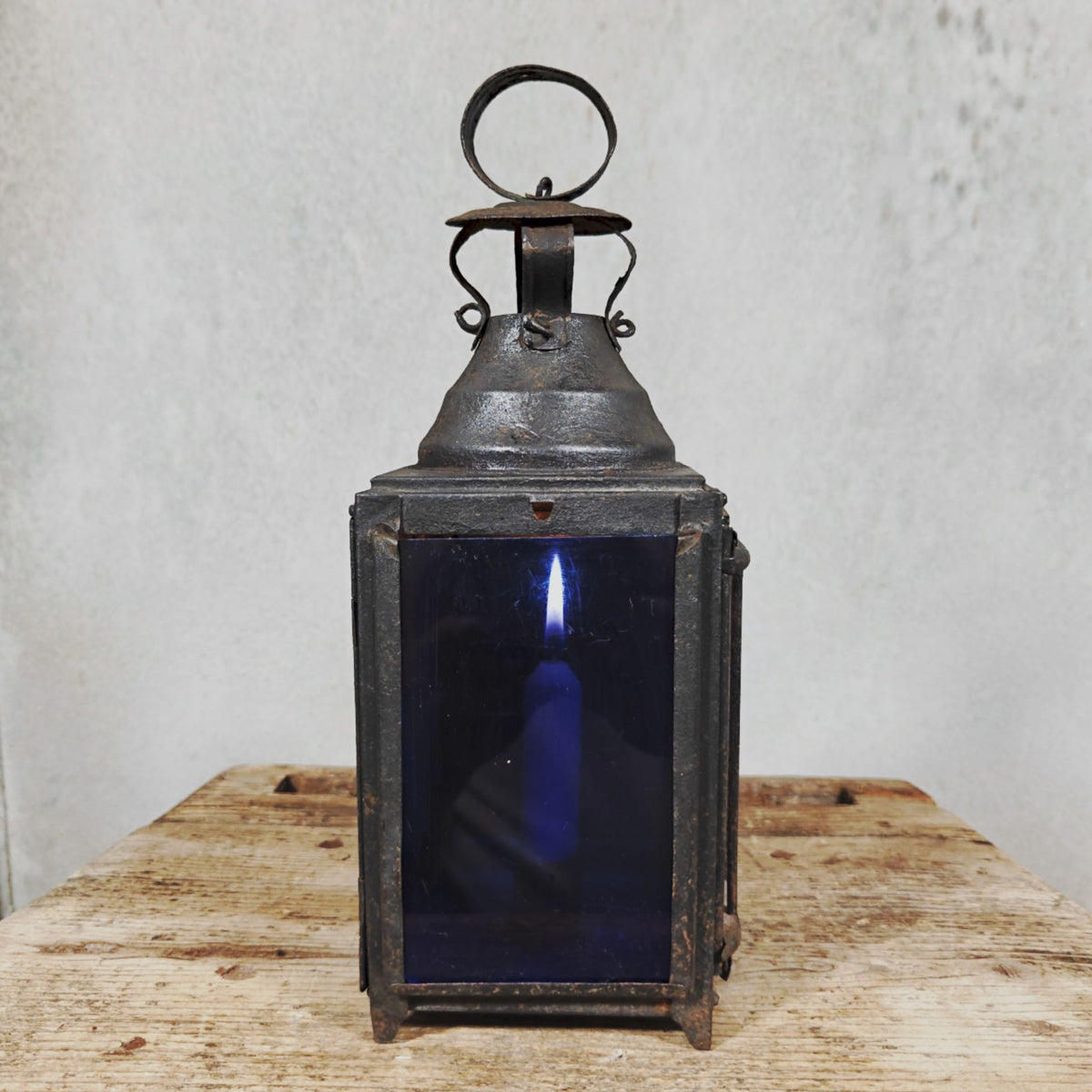 Very Special Candle Lantern, Hand Lantern, Hanging Lamp – Number 1, Most Likely French – Coloured Glass Panes, Vintage Condition