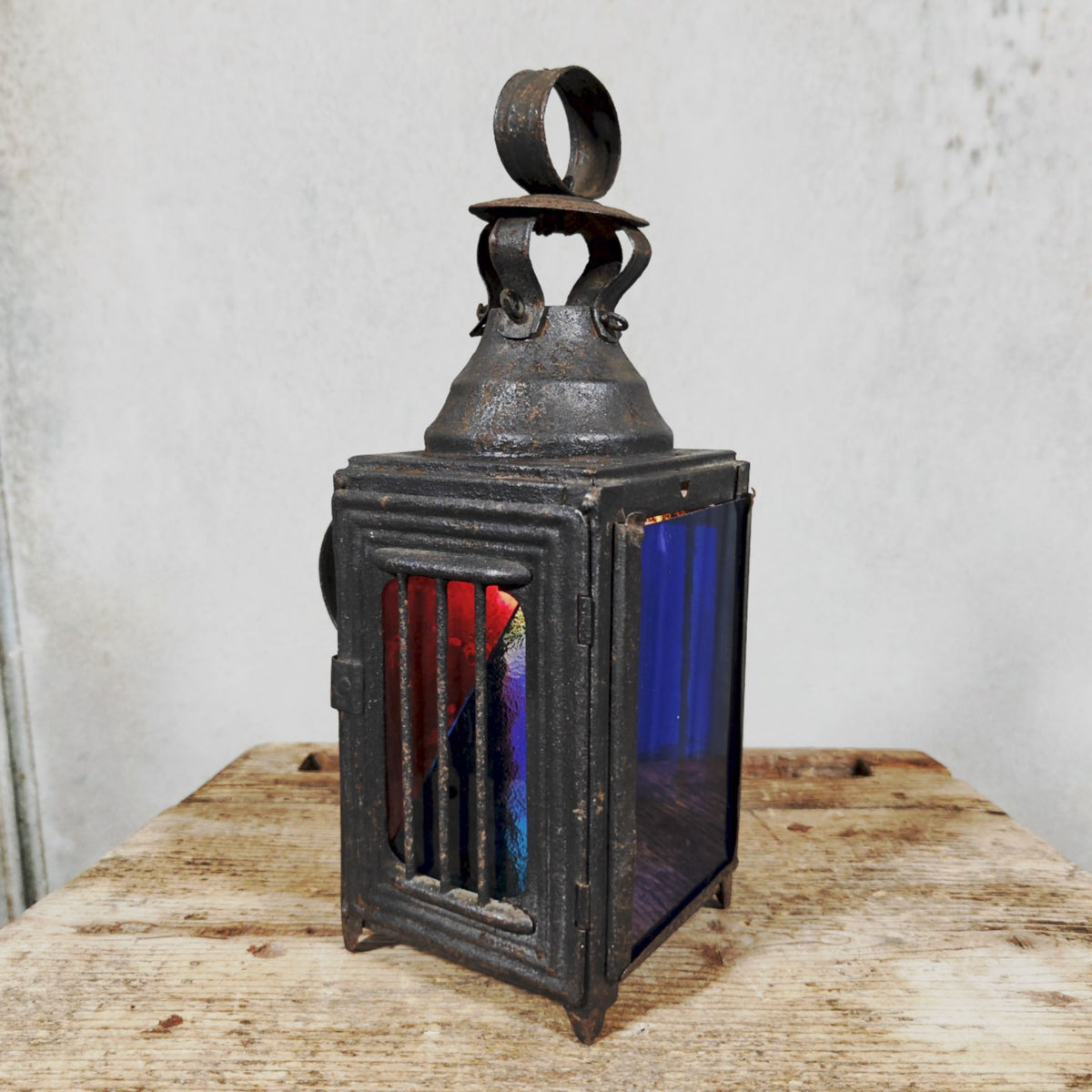 Very Special Candle Lantern, Hand Lantern, Hanging Lamp – Number 1, Most Likely French – Coloured Glass Panes, Vintage Condition