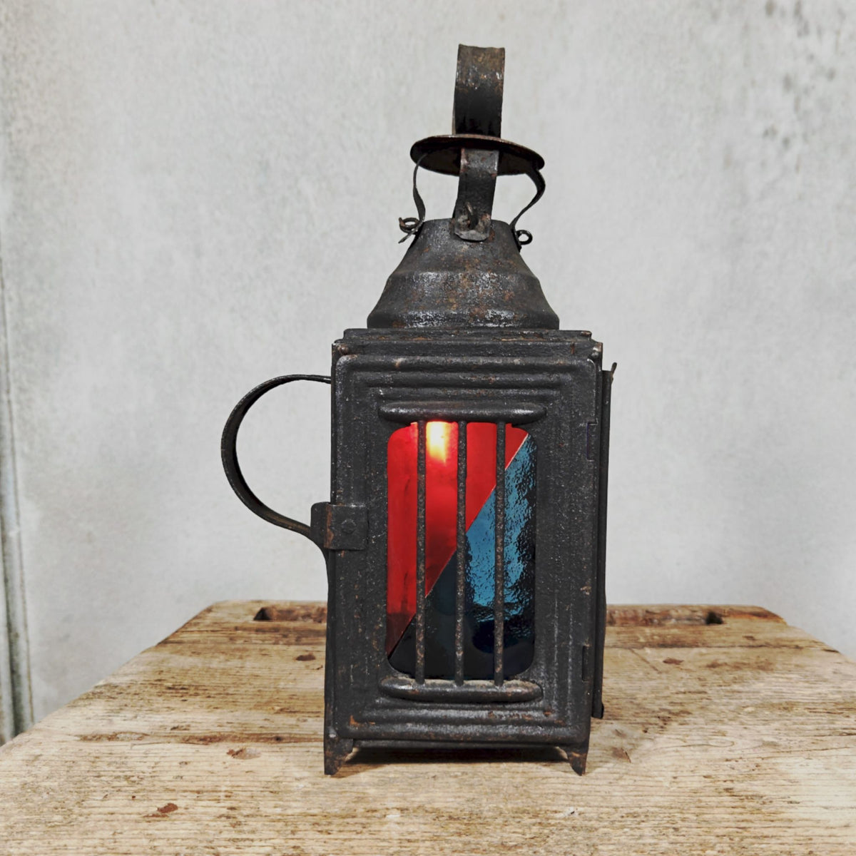 Very Special Candle Lantern, Hand Lantern, Hanging Lamp – Number 1, Most Likely French – Coloured Glass Panes, Vintage Condition