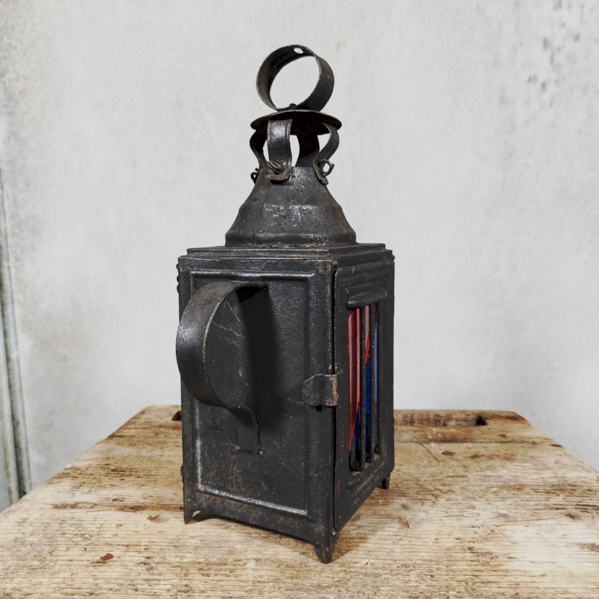Very Special Candle Lantern, Hand Lantern, Hanging Lamp – Number 1, Most Likely French – Coloured Glass Panes, Vintage Condition