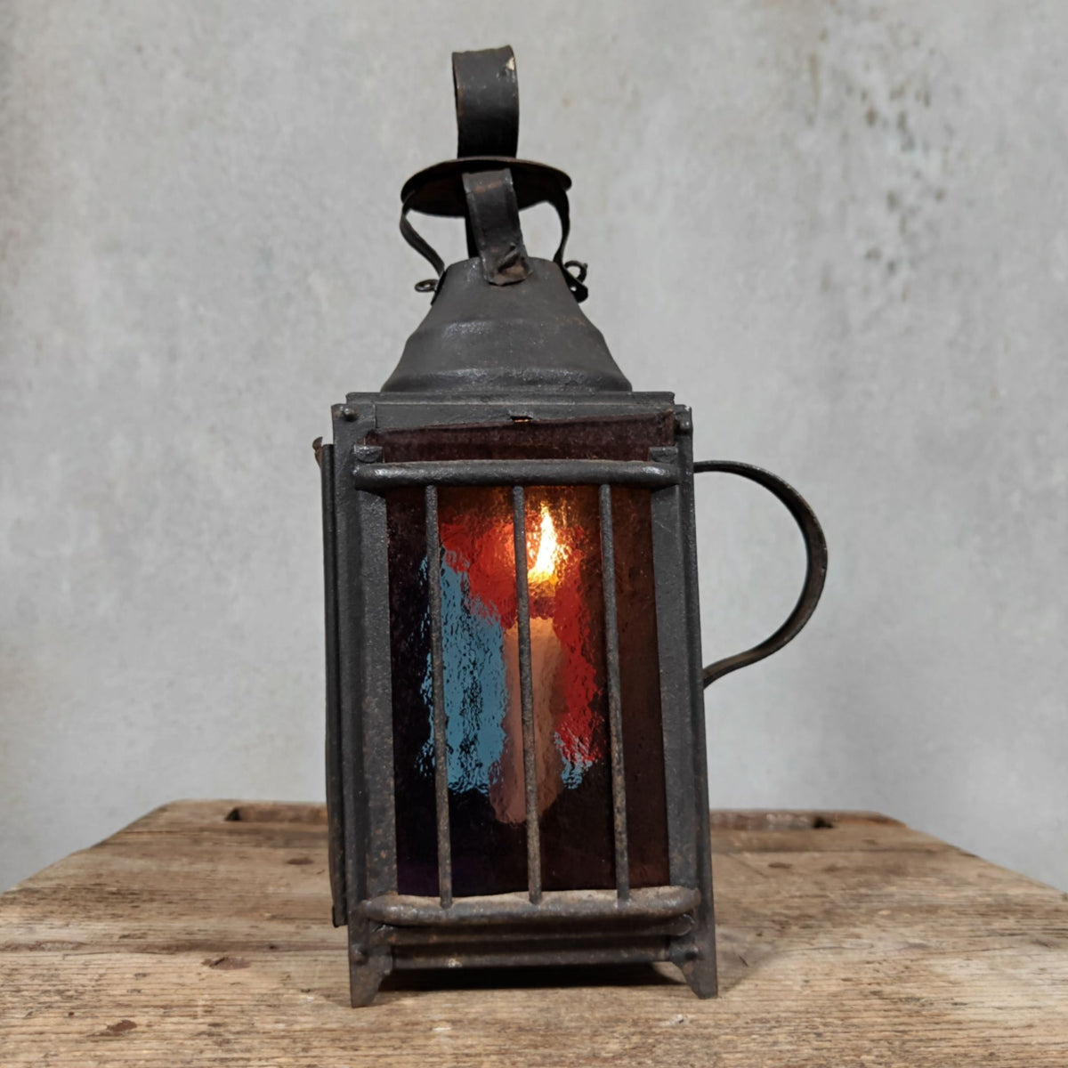 Very Special Candle Lantern, Hand Lantern, Hanging Lamp – Number 1, Most Likely French – Coloured Glass Panes, Vintage Condition