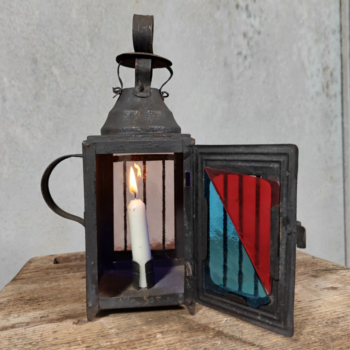 Very Special Candle Lantern, Hand Lantern, Hanging Lamp – Number 1, Most Likely French – Coloured Glass Panes, Vintage Condition