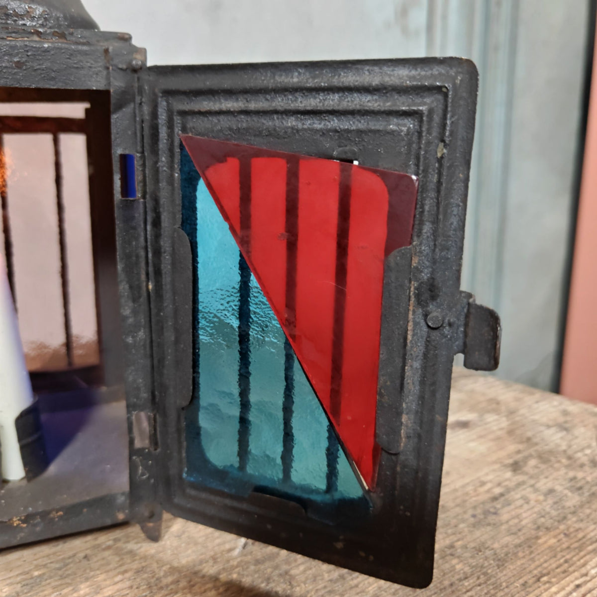 Very Special Candle Lantern, Hand Lantern, Hanging Lamp – Number 1, Most Likely French – Coloured Glass Panes, Vintage Condition