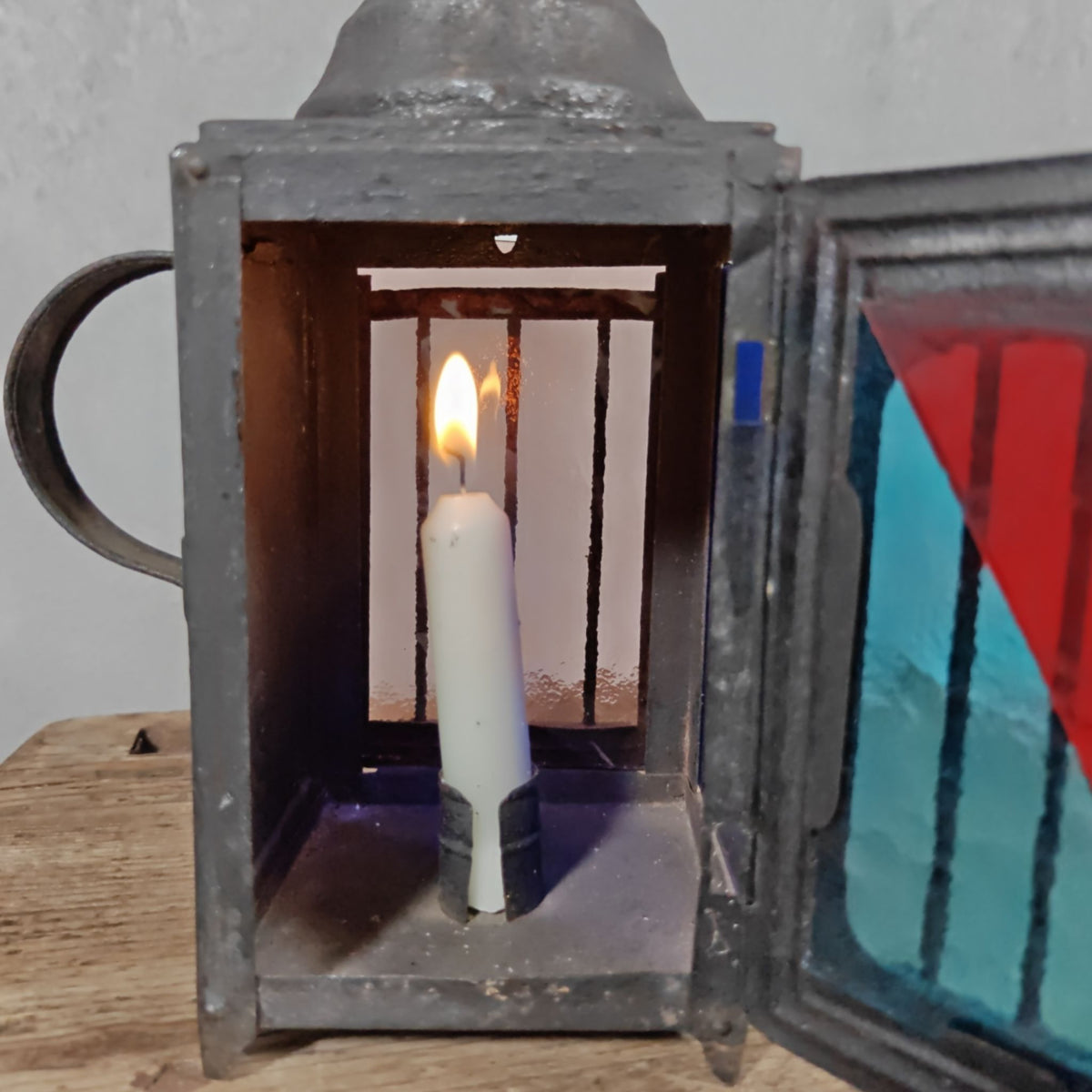 Very Special Candle Lantern, Hand Lantern, Hanging Lamp – Number 1, Most Likely French – Coloured Glass Panes, Vintage Condition