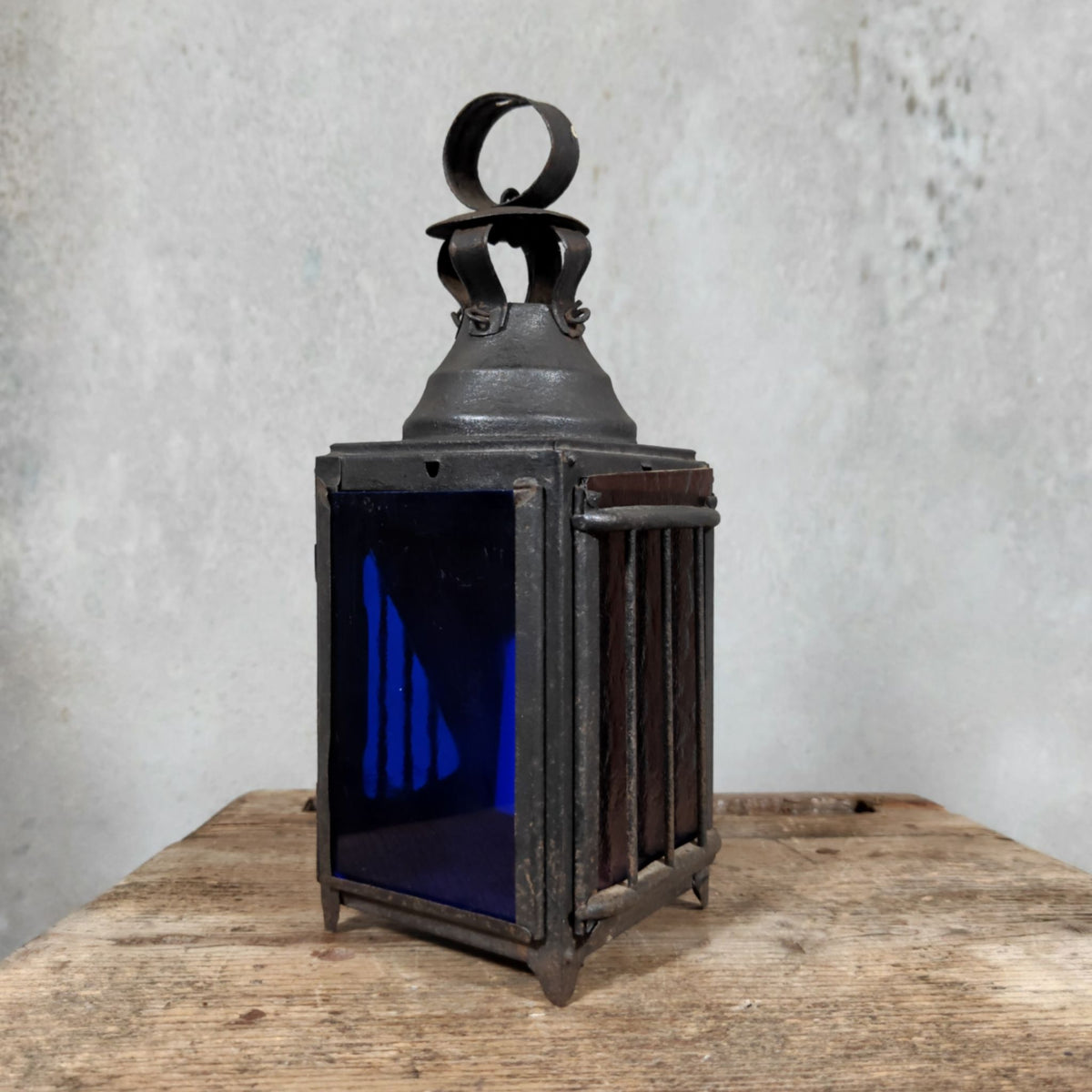 Very Special Candle Lantern, Hand Lantern, Hanging Lamp – Number 1, Most Likely French – Coloured Glass Panes, Vintage Condition