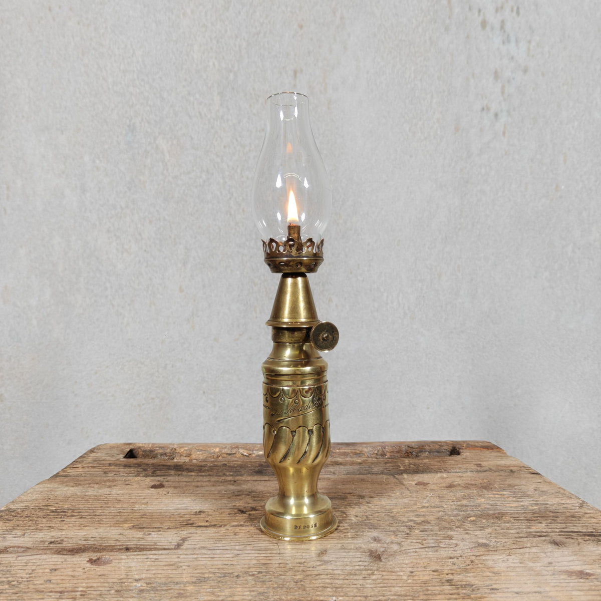 Fantastic Small Trench Art Oil Lamp Made from an Ammunition Shell Casing – La Madelon – Beautifully Decorated, with Matching Glass