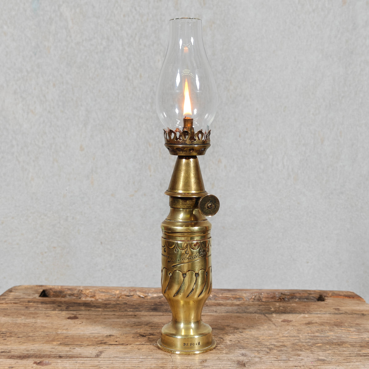 Fantastic Small Trench Art Oil Lamp Made from an Ammunition Shell Casing – La Madelon – Beautifully Decorated, with Matching Glass