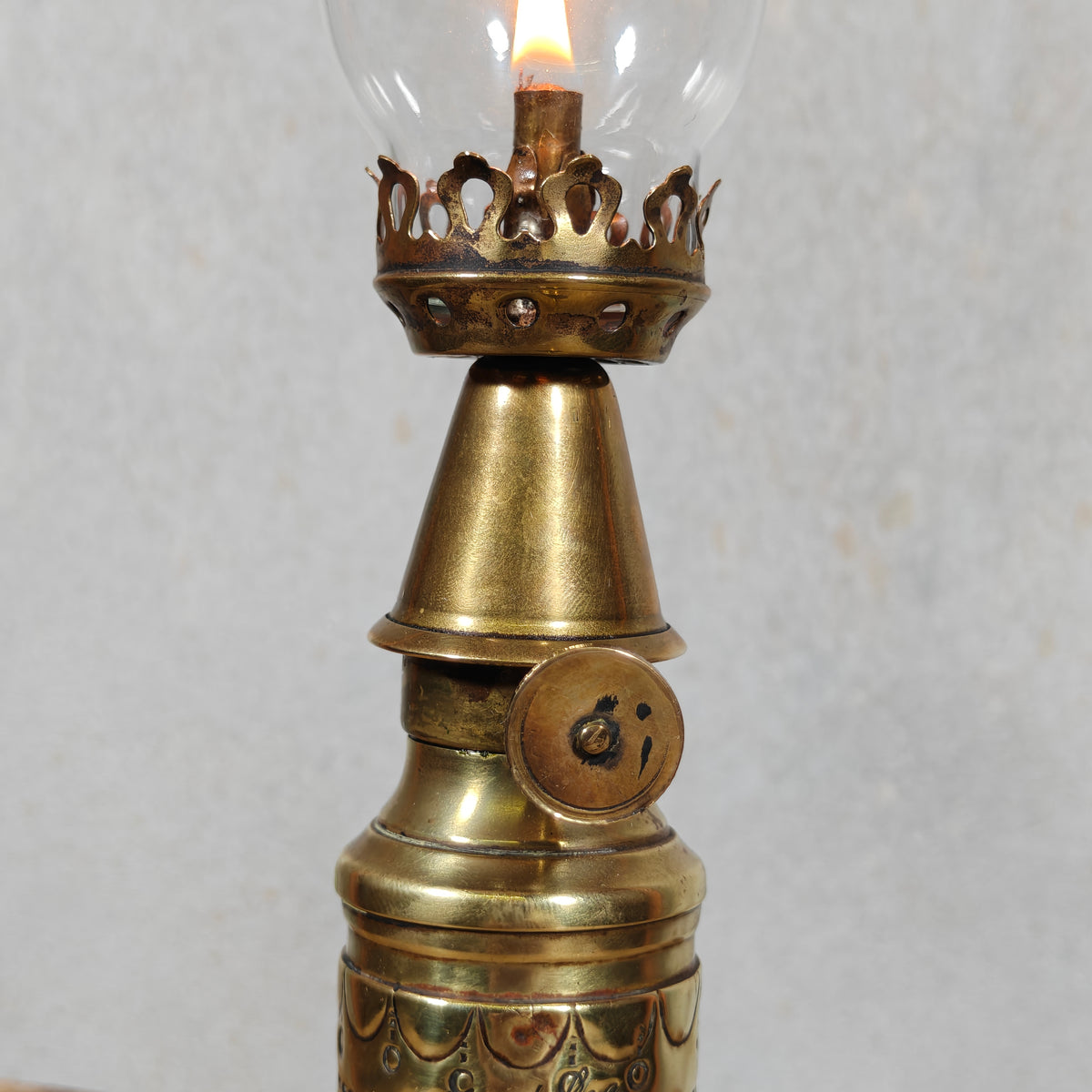 Fantastic Small Trench Art Oil Lamp Made from an Ammunition Shell Casing – La Madelon – Beautifully Decorated, with Matching Glass