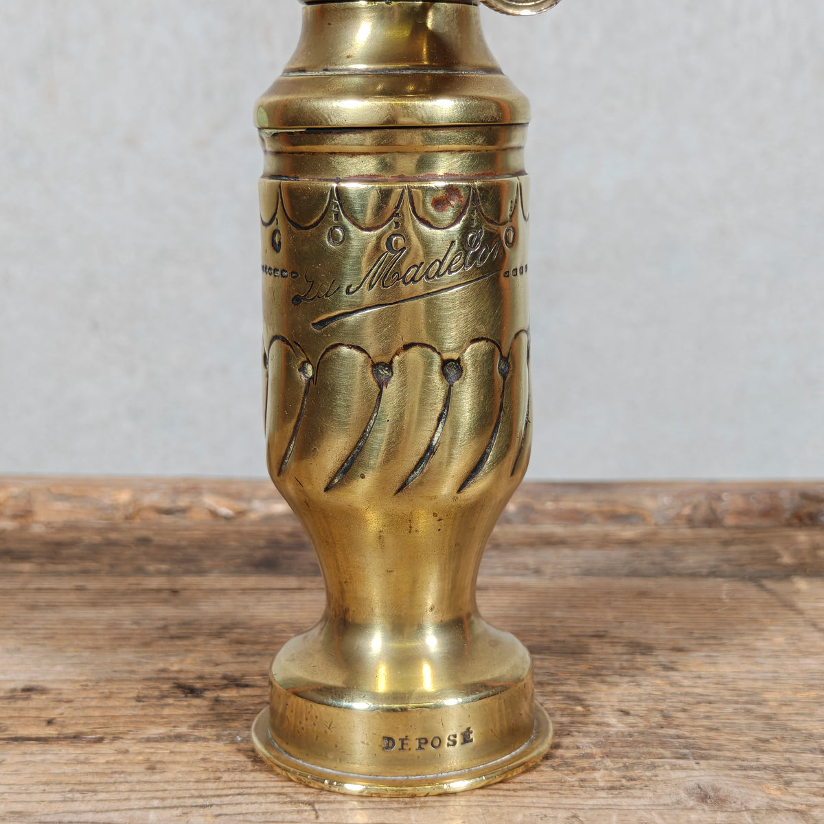 Fantastic Small Trench Art Oil Lamp Made from an Ammunition Shell Casing – La Madelon – Beautifully Decorated, with Matching Glass