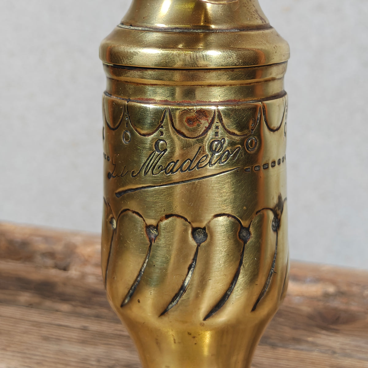 Fantastic Small Trench Art Oil Lamp Made from an Ammunition Shell Casing – La Madelon – Beautifully Decorated, with Matching Glass