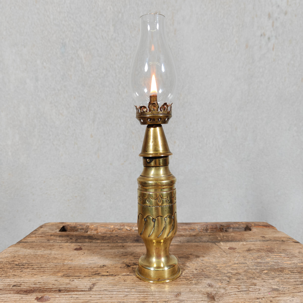 Fantastic Small Trench Art Oil Lamp Made from an Ammunition Shell Casing – La Madelon – Beautifully Decorated, with Matching Glass