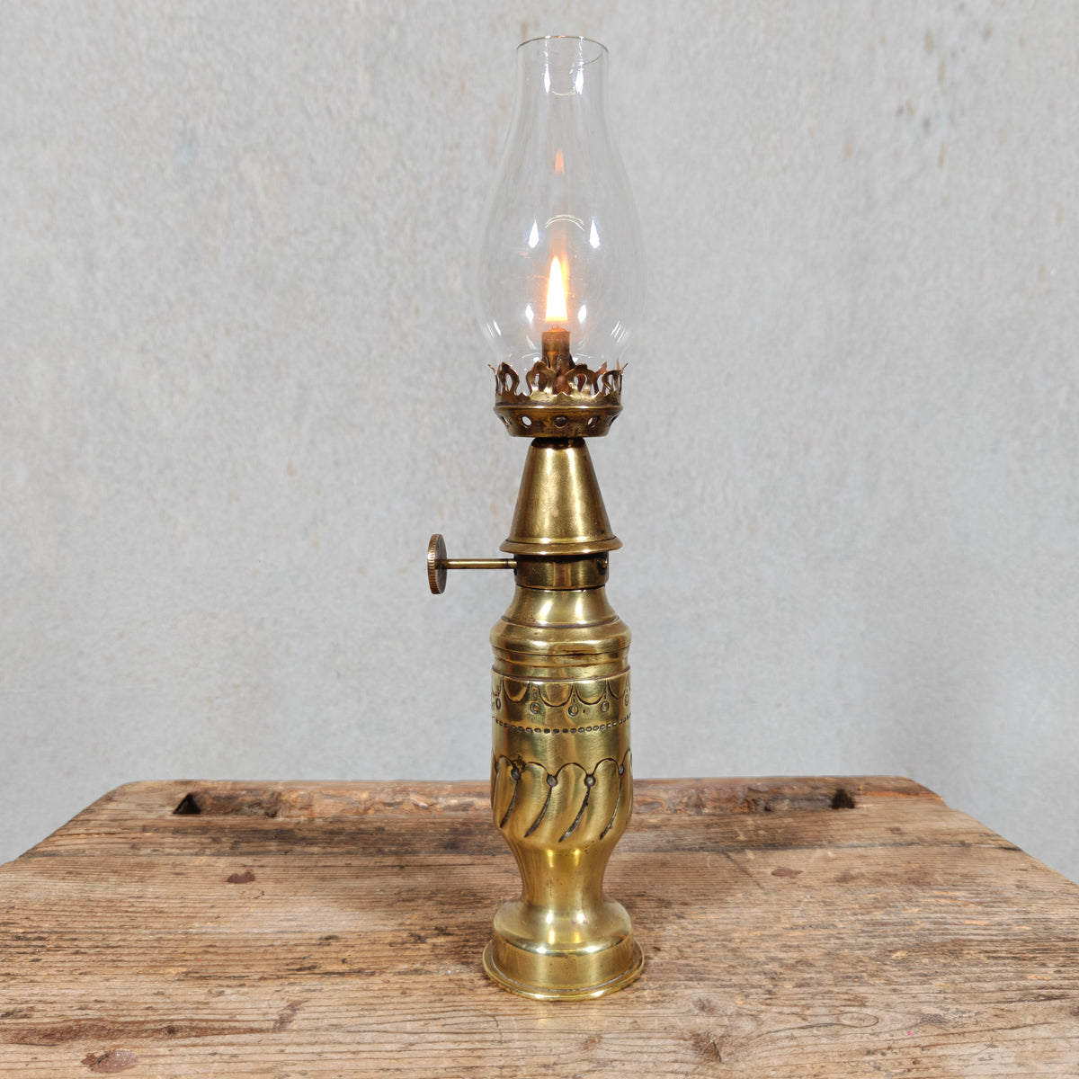 Fantastic Small Trench Art Oil Lamp Made from an Ammunition Shell Casing – La Madelon – Beautifully Decorated, with Matching Glass