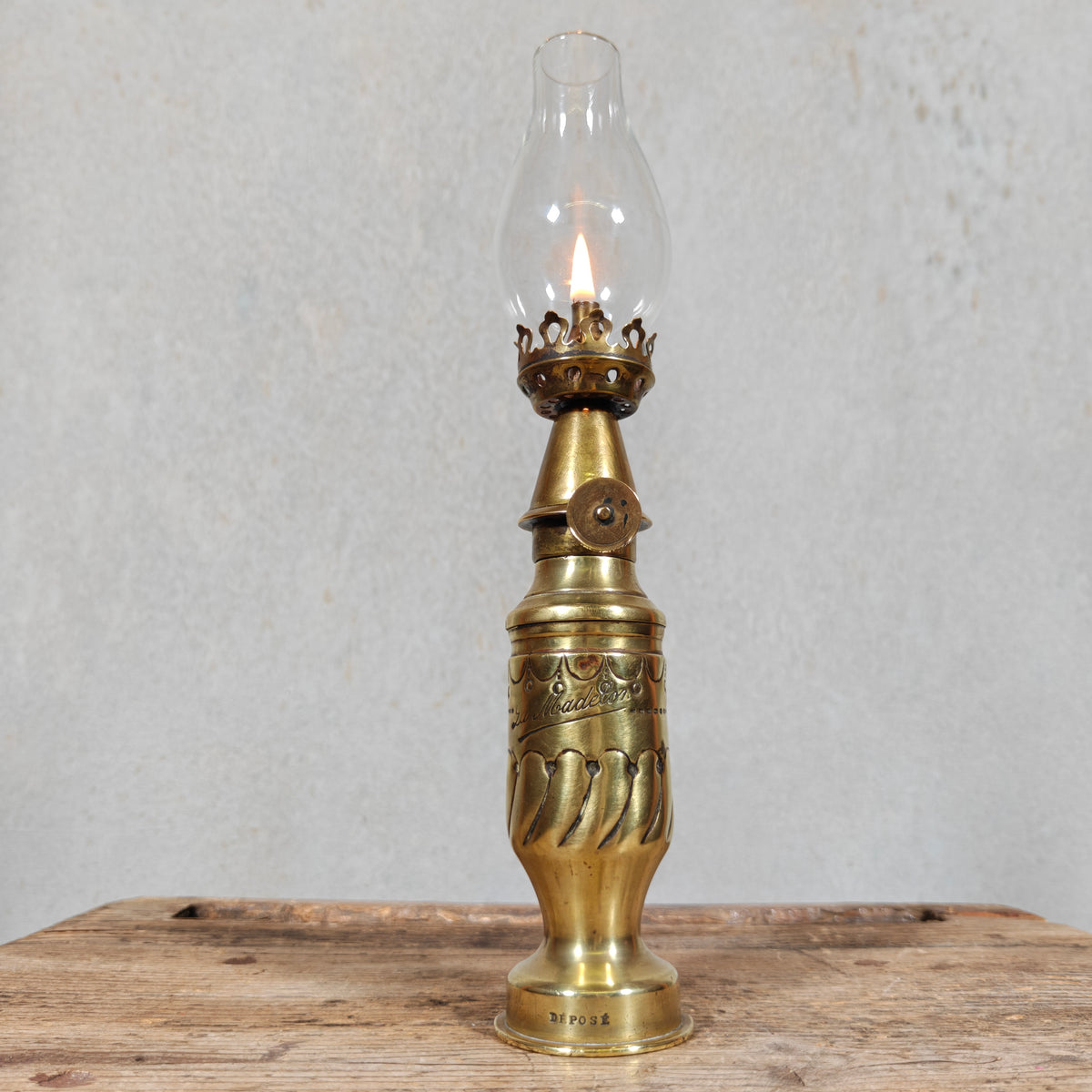 Fantastic Small Trench Art Oil Lamp Made from an Ammunition Shell Casing – La Madelon – Beautifully Decorated, with Matching Glass