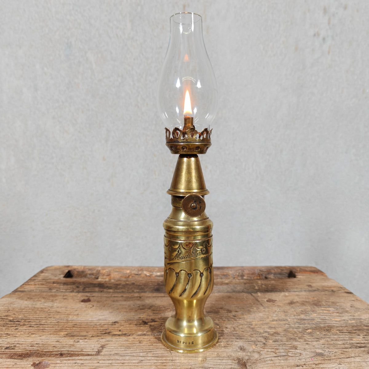 Fantastic Small Trench Art Oil Lamp Made from an Ammunition Shell Casing – La Madelon – Beautifully Decorated, with Matching Glass