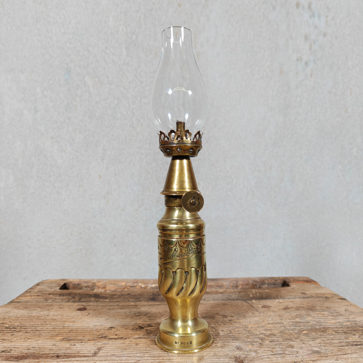 Fantastic Small Trench Art Oil Lamp Made from an Ammunition Shell Casing – La Madelon – Beautifully Decorated, with Matching Glass
