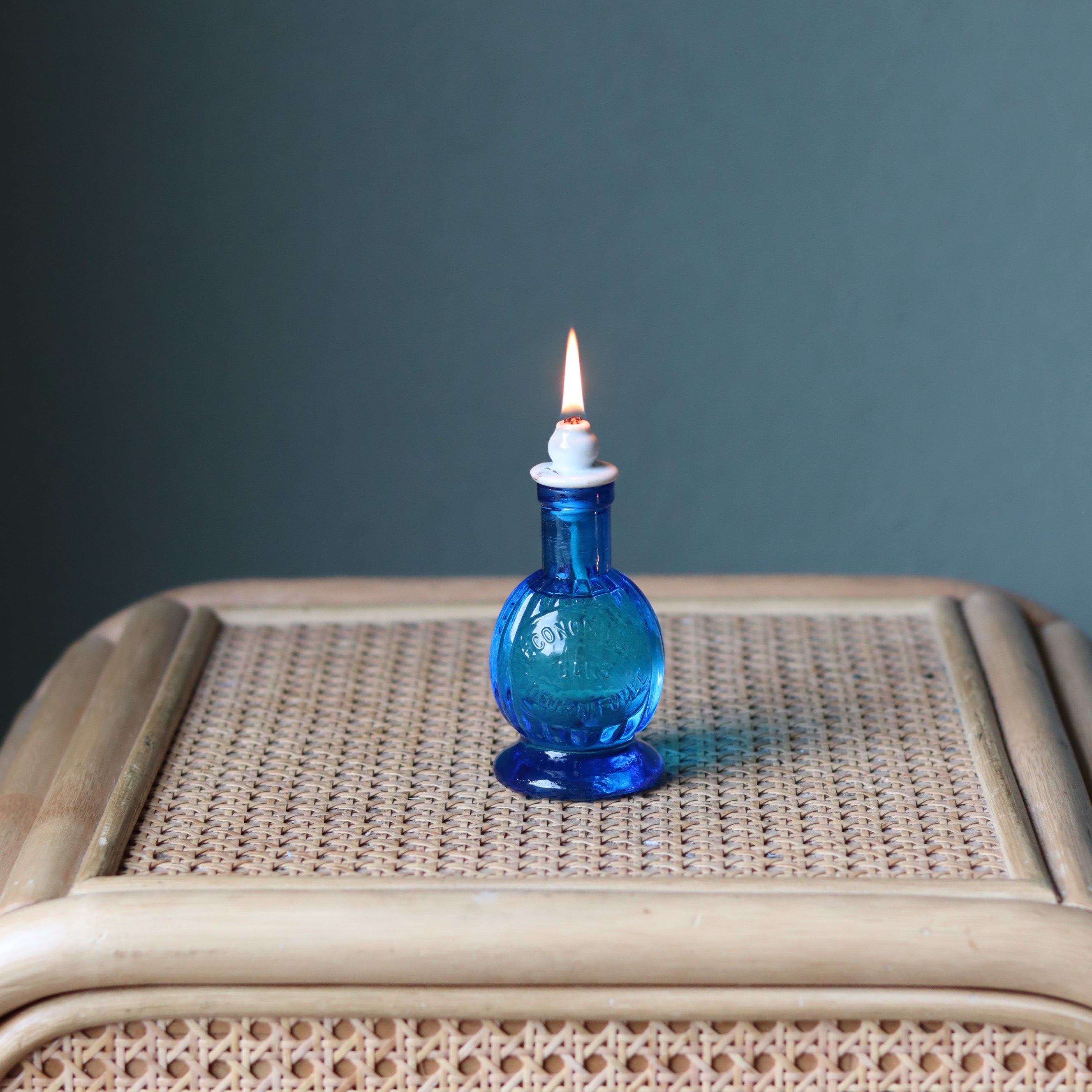 Rare Vintage French Oil Lamp – Blue Glass Bedside Nightlight (1930s–1950s)