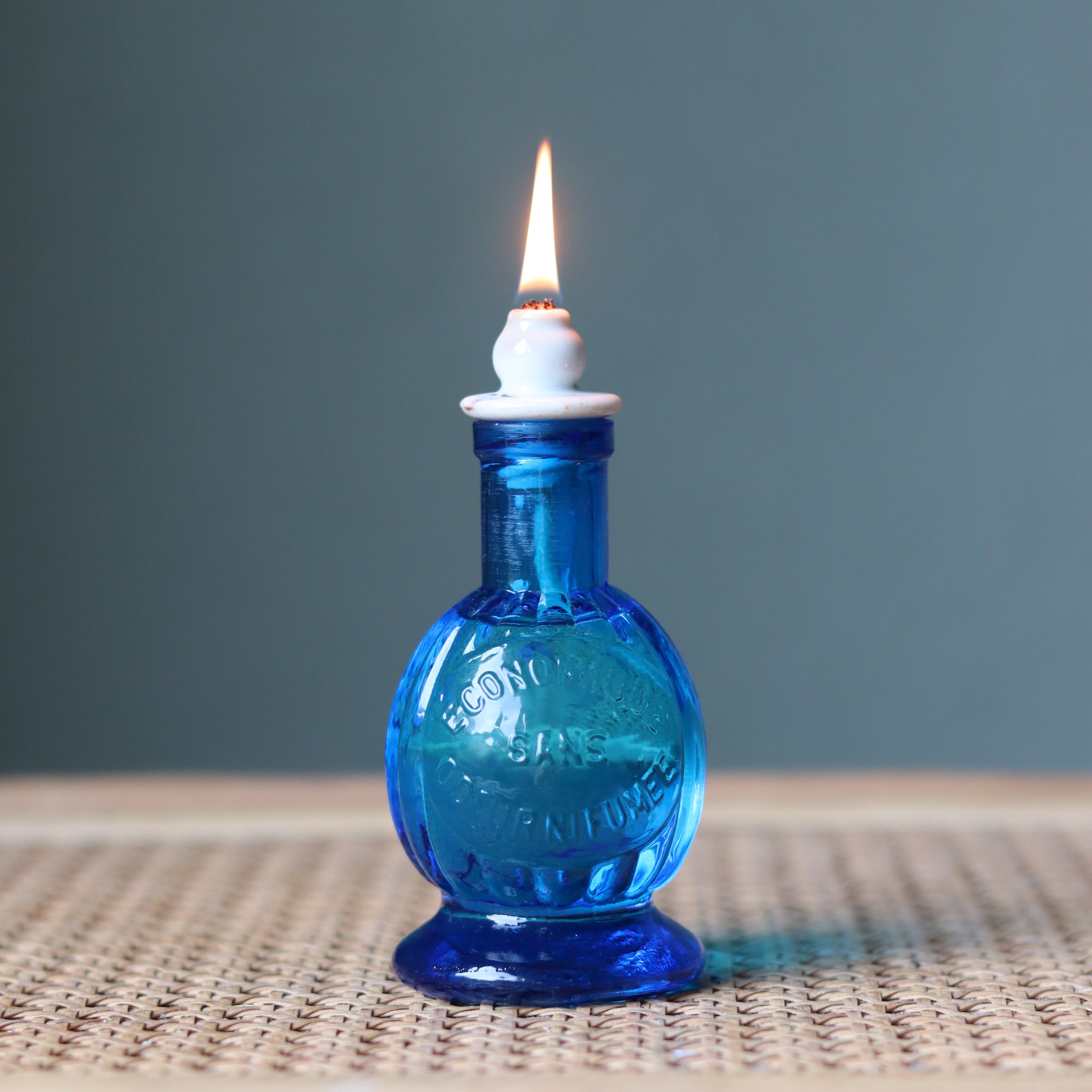 Rare Vintage French Oil Lamp – Blue Glass Bedside Nightlight (1930s–1950s)