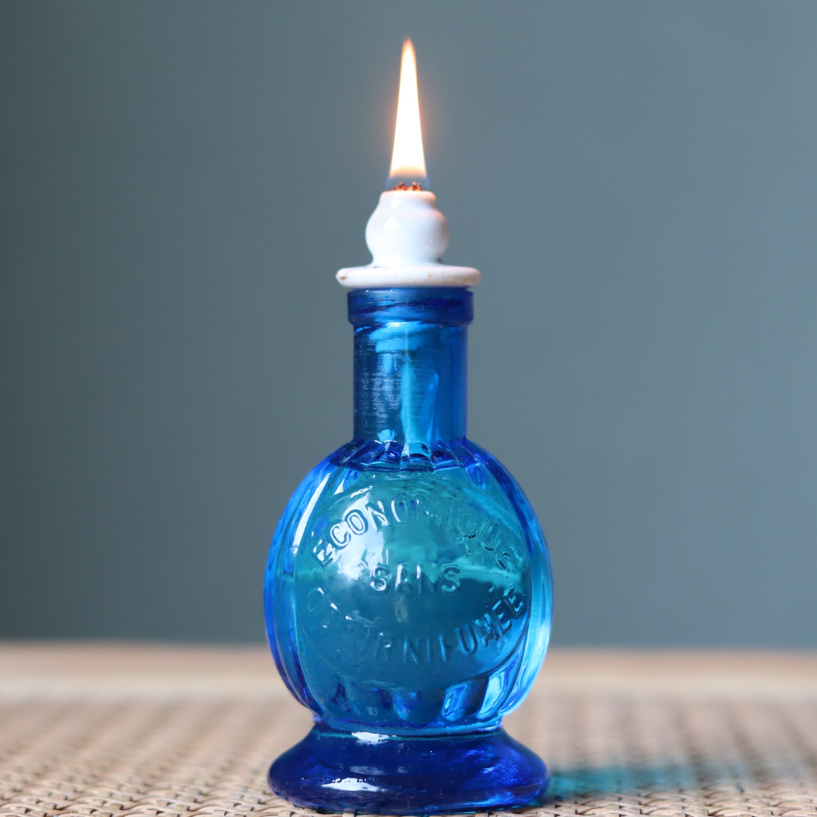 Rare Vintage French Oil Lamp – Blue Glass Bedside Nightlight (1930s–1950s)