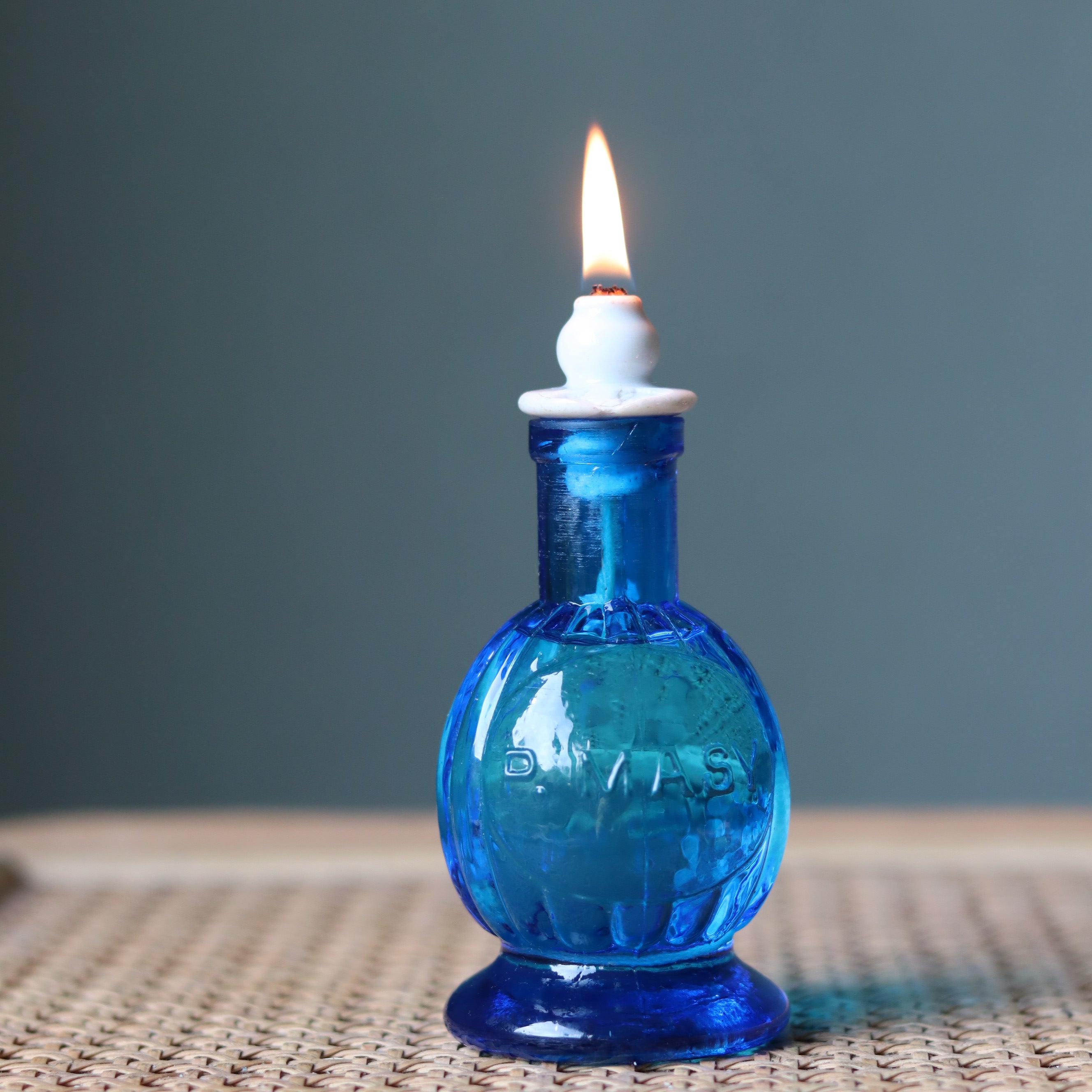 Rare Vintage French Oil Lamp – Blue Glass Bedside Nightlight (1930s–1950s)