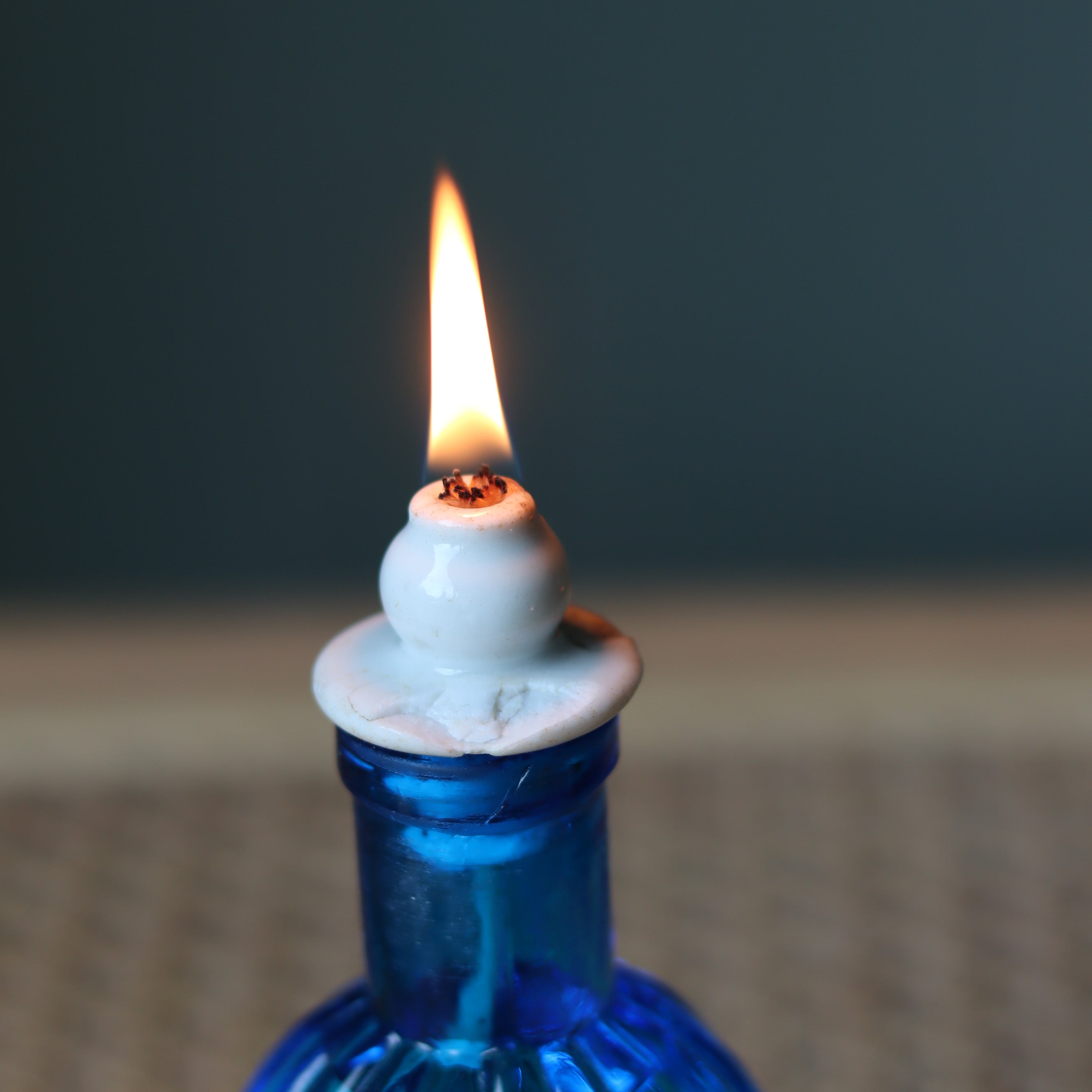 Rare Vintage French Oil Lamp – Blue Glass Bedside Nightlight (1930s–1950s)