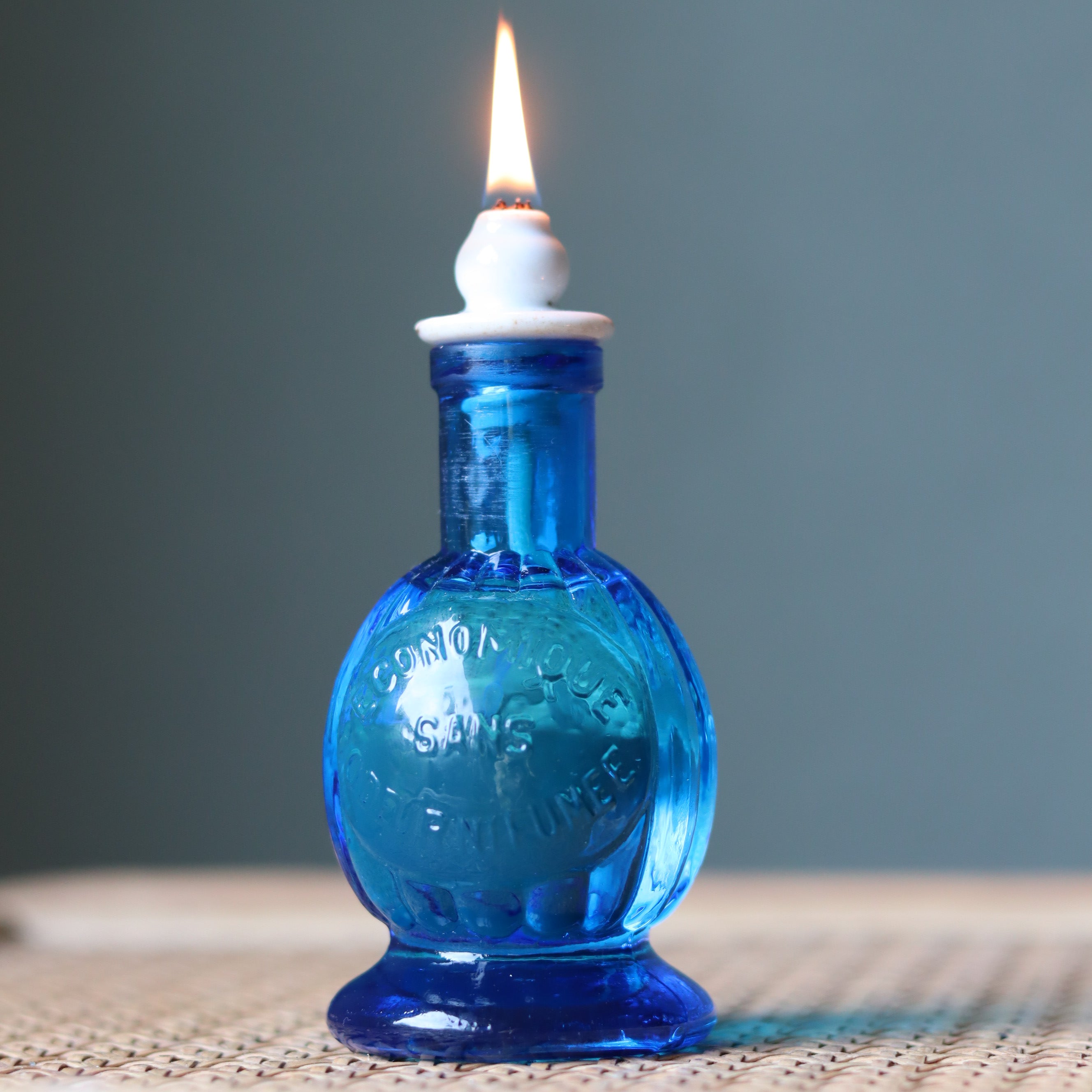 Rare Vintage French Oil Lamp – Blue Glass Bedside Nightlight (1930s–1950s)