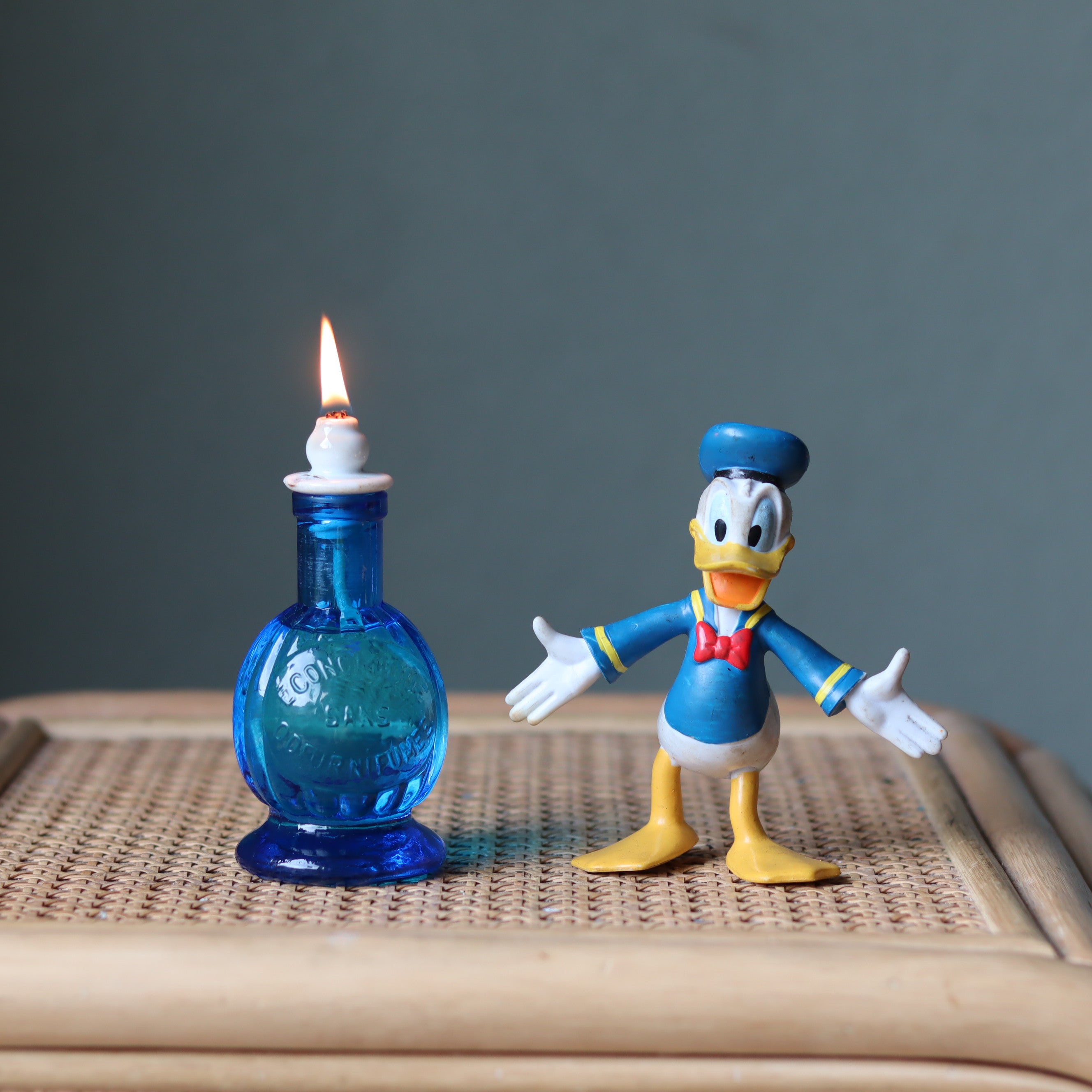 Rare Vintage French Oil Lamp – Blue Glass Bedside Nightlight (1930s–1950s)