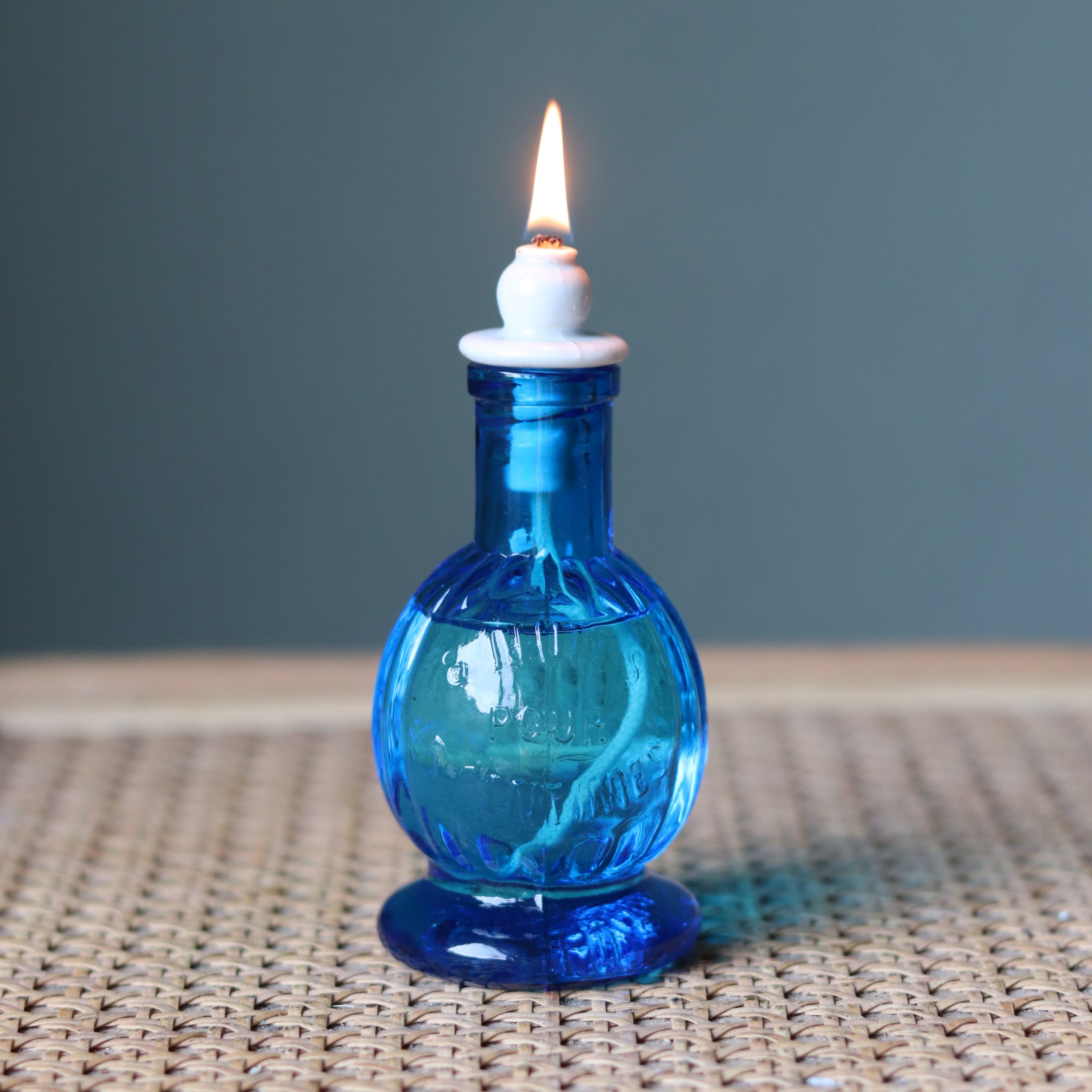 Rare Vintage French Oil Lamp – Blue Glass Bedside Nightlight (1930s–1950s)