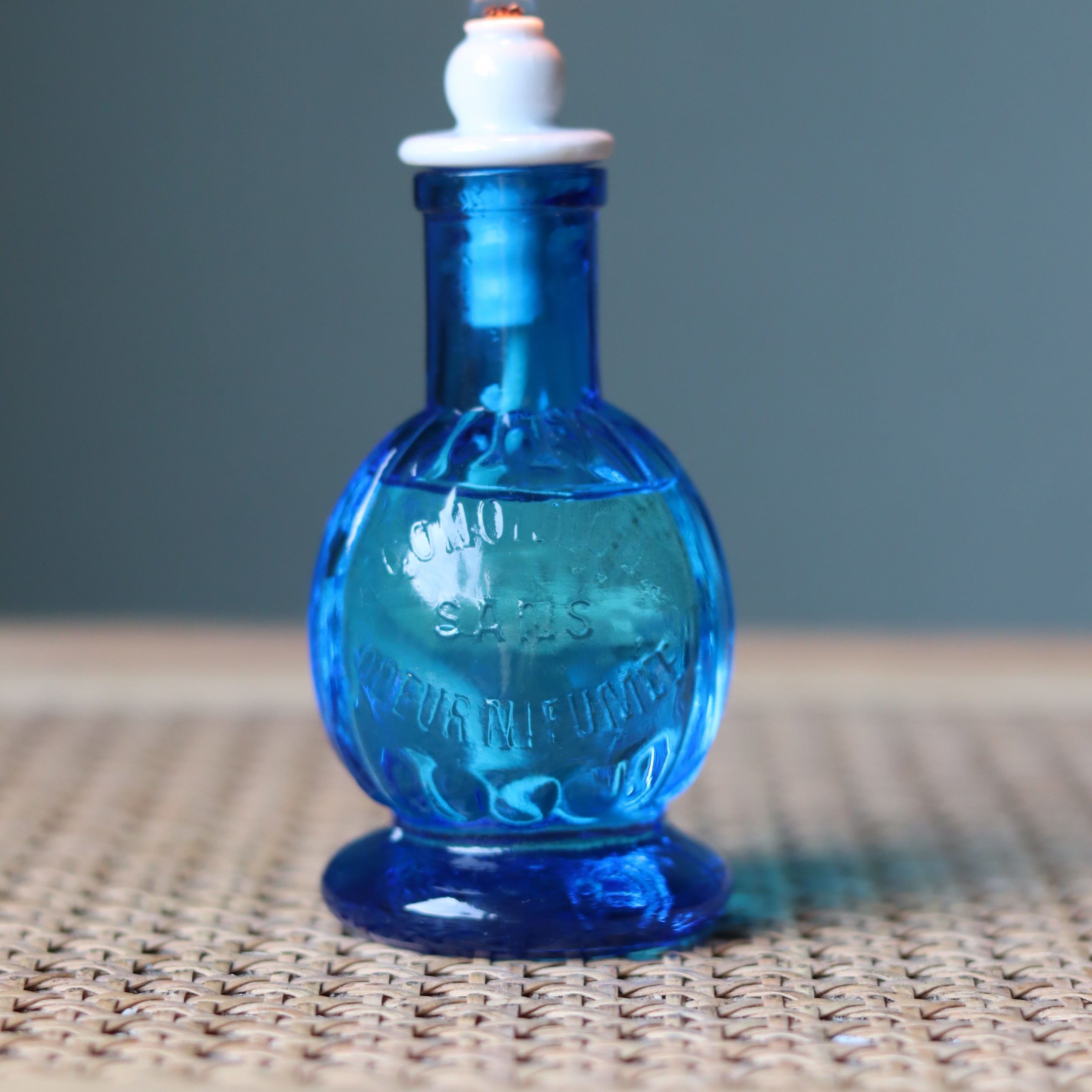 Rare Vintage French Oil Lamp – Blue Glass Bedside Nightlight (1930s–1950s) with original blue glass and white stopper