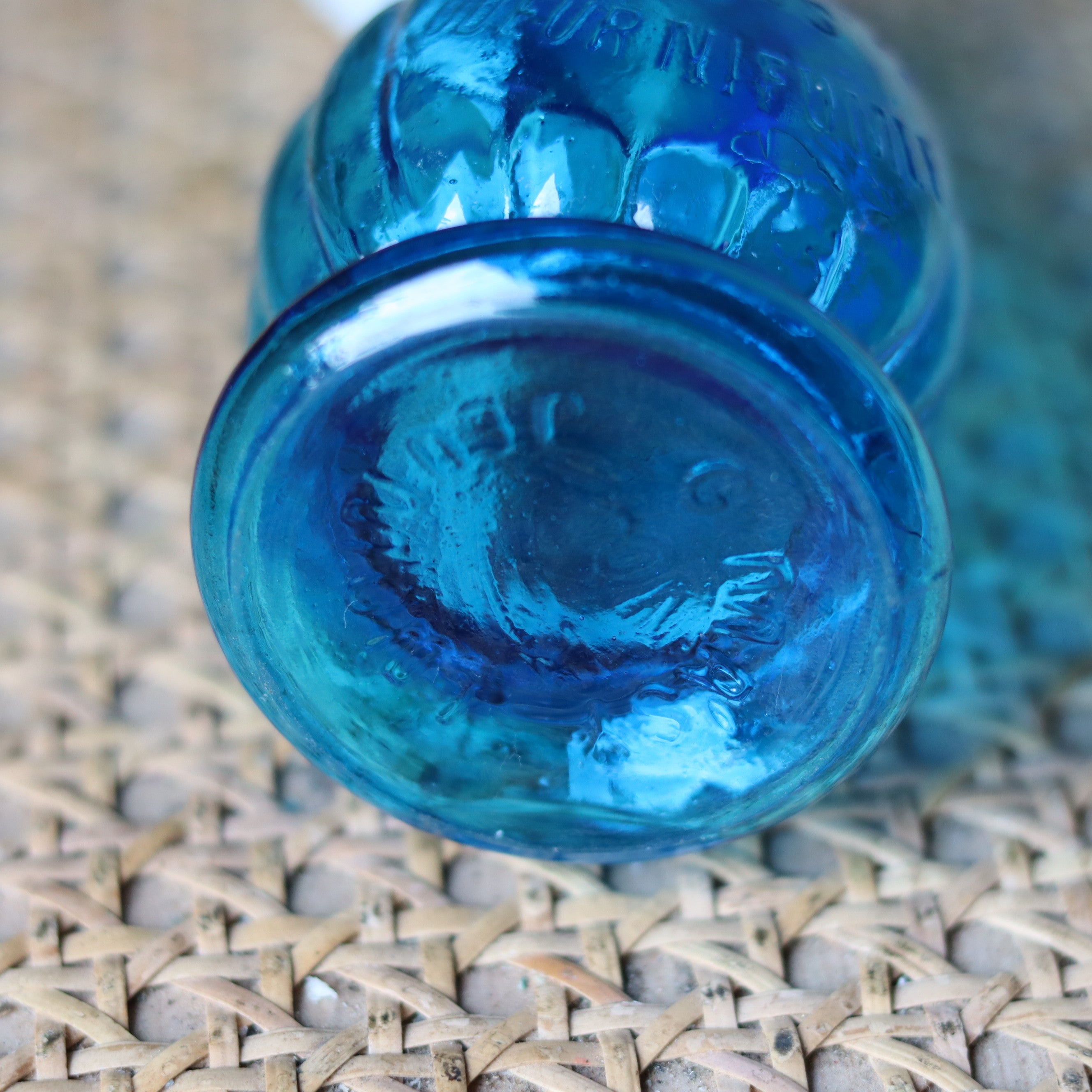 Rare Vintage French Oil Lamp – Blue Glass Bedside Nightlight (1930s–1950s) showing detailed embossed blue glass base.