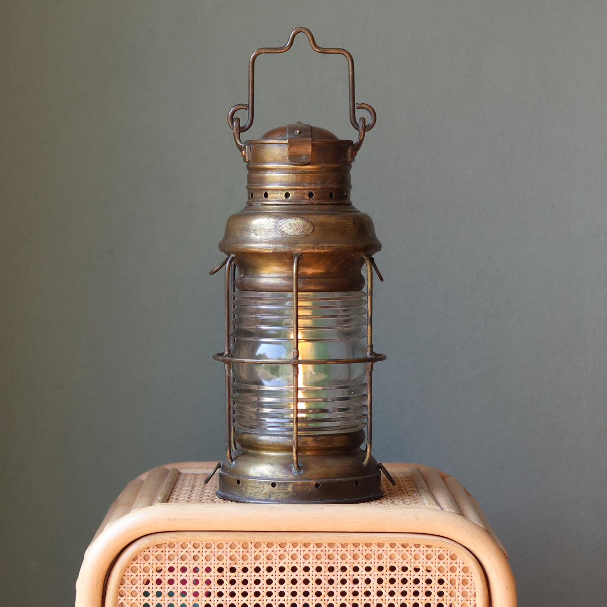 Vintage Perko Ship’s Lantern – Anchor Light (Copper, Brass & Bronze) oil lamp with classic maritime design and sturdy metal frame