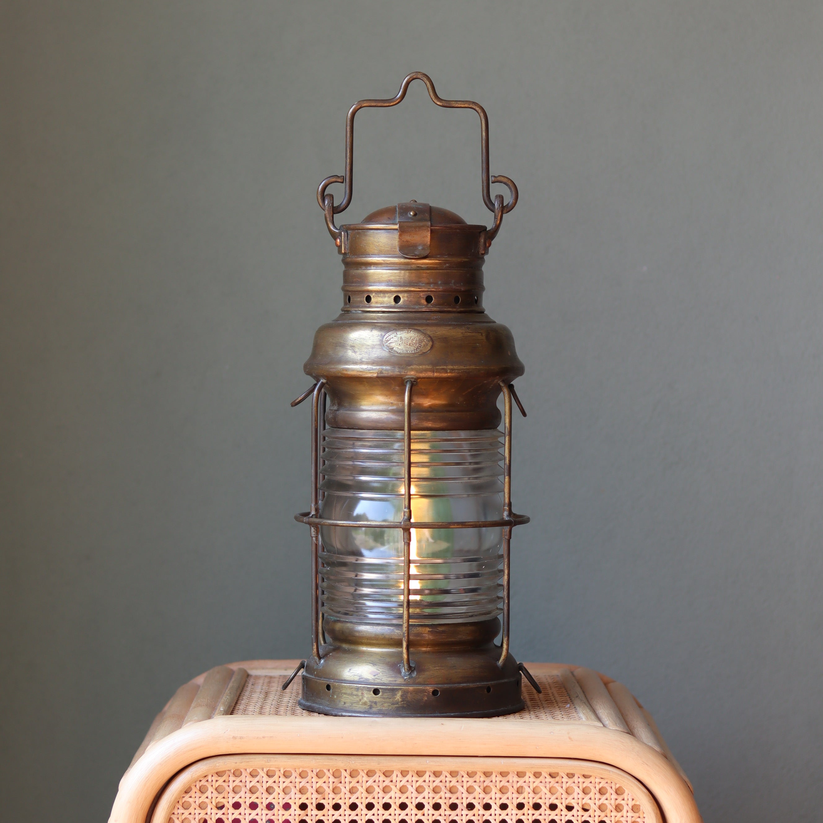 Vintage Perko Ship’s Lantern – Anchor Light (Copper, Brass & Bronze) oil lamp with glass lens and metal frame