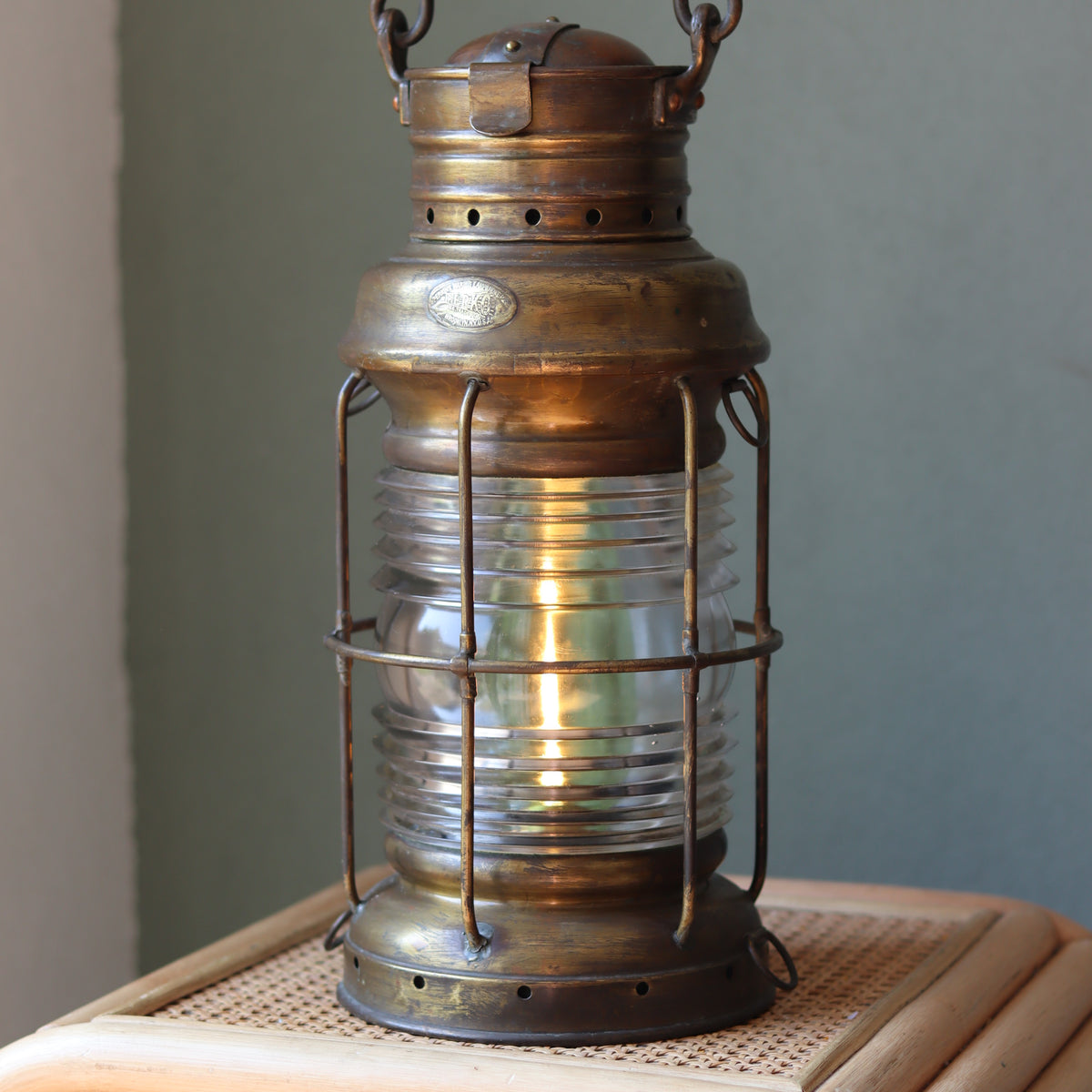 Vintage Perko Ship’s Lantern – Anchor Light (Copper, Brass & Bronze) maritime oil lamp with protective cage and glass lens