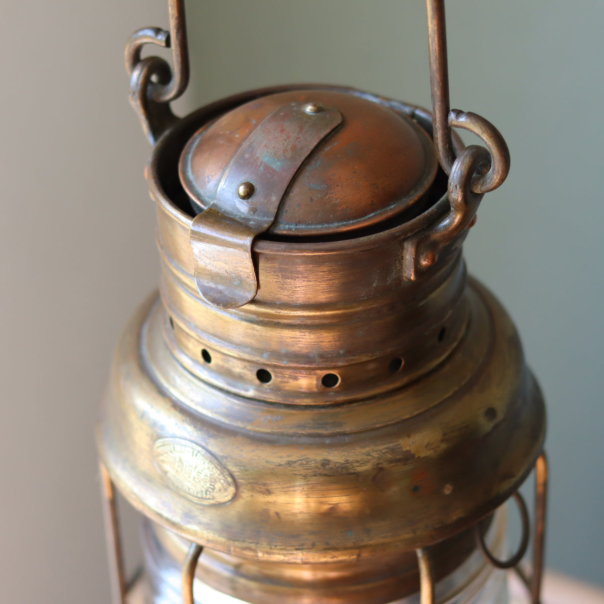 Vintage Perko Ship’s Lantern – Anchor Light (Copper, Brass & Bronze) close-up showing authentic oil lamp details and craftsmanship