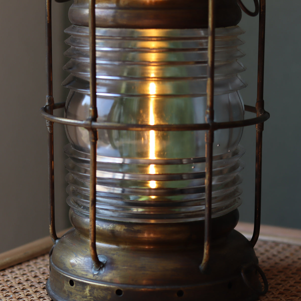 Vintage Perko Ship’s Lantern – Anchor Light (Copper, Brass & Bronze) showing detailed oil lamp glass and metal frame