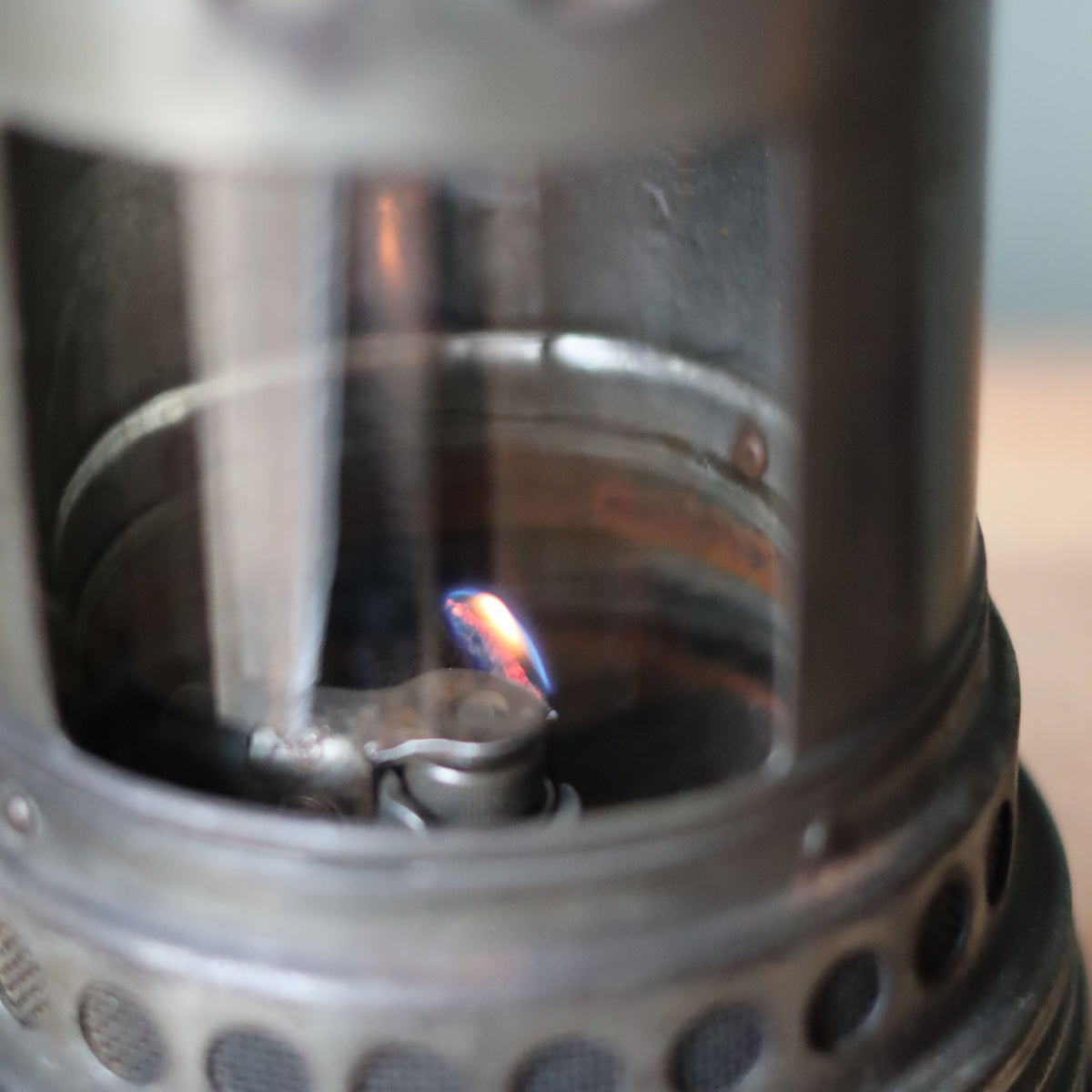 Rare Vintage Lamp – Mining Lamp or Engine Heater Lamp – Numbered 775 – Circa 1940s–1950s oil lamp flame detail close-up