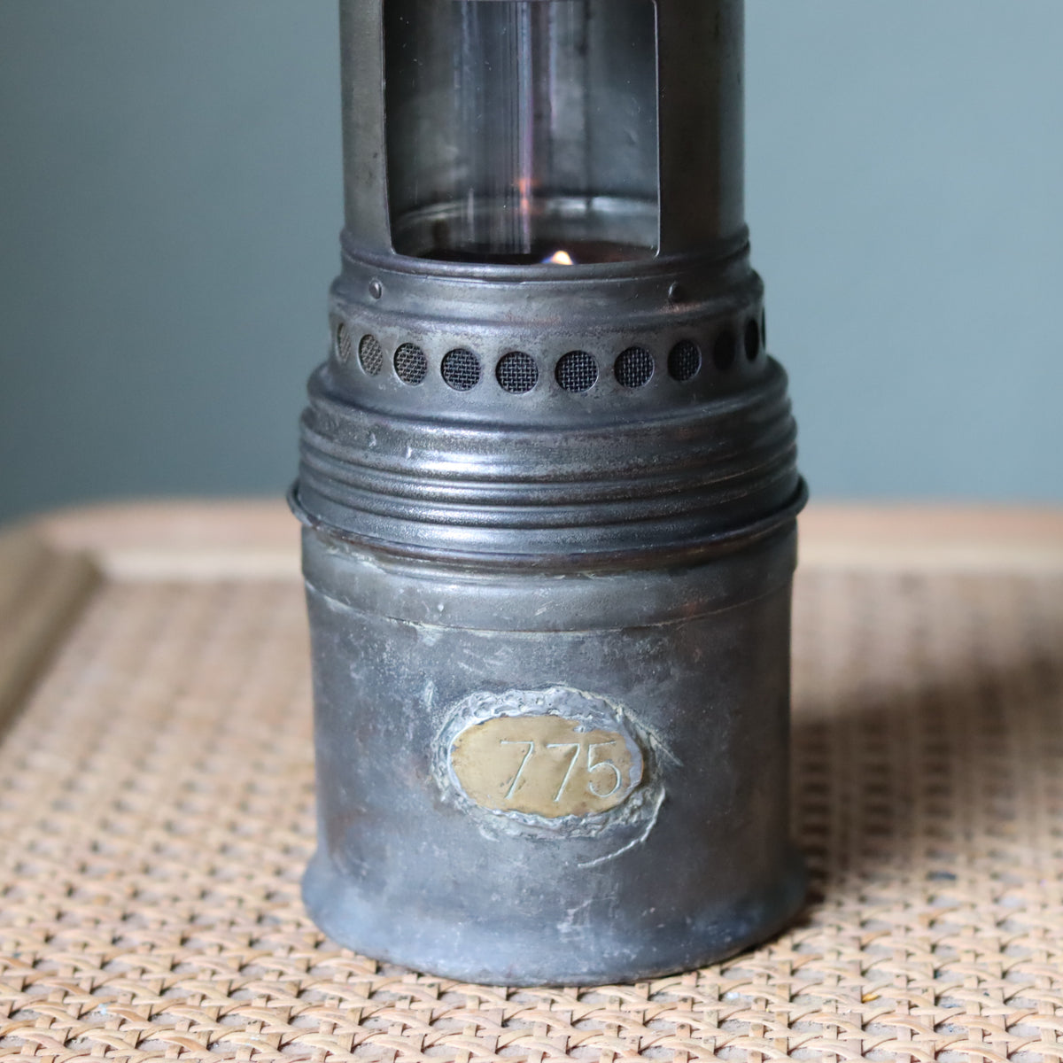 Rare Vintage Lamp – Mining Lamp or Engine Heater Lamp – Numbered 775 – Circa 1940s–1950s heavy metal oil lamp detail.