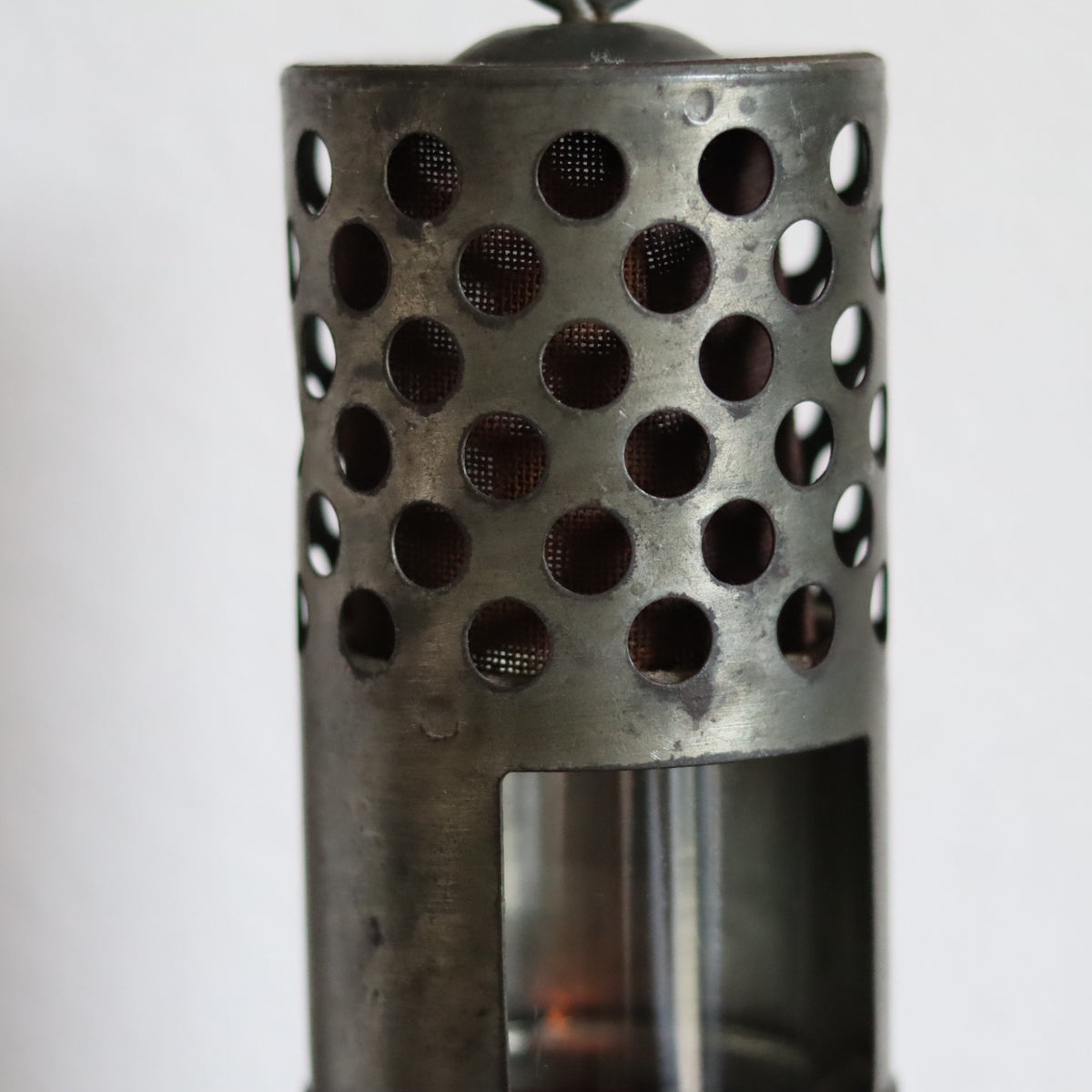Rare Vintage Lamp – Mining Lamp or Engine Heater Lamp – Numbered 775 – Circa 1940s–1950s metal oil lamp detail with perforated cover