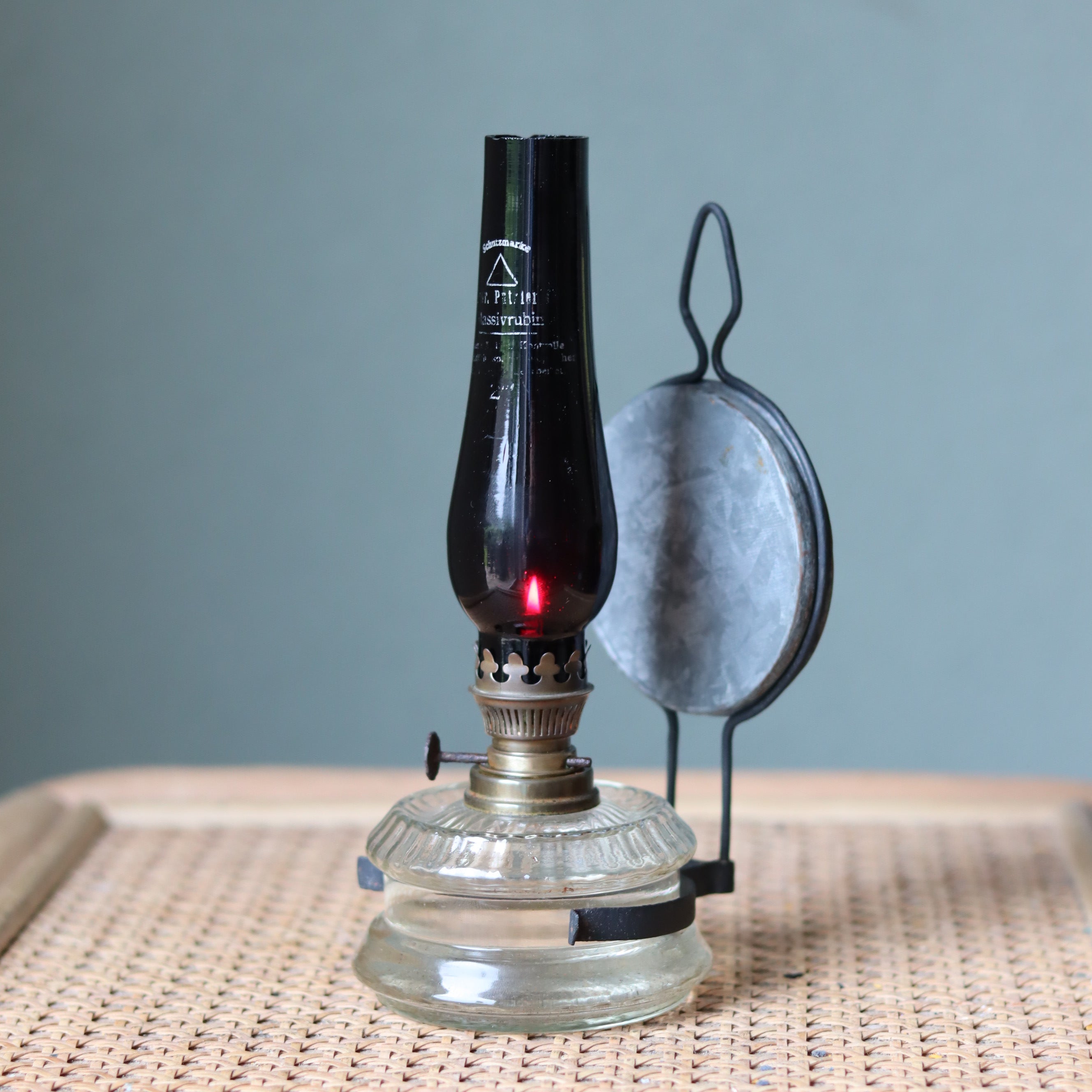 Rare Vintage Wall Oil Lamp – Red Glass Chimney by Gebr. Putzler – Kitchen Lamp – 1900s–1950s with metal reflector