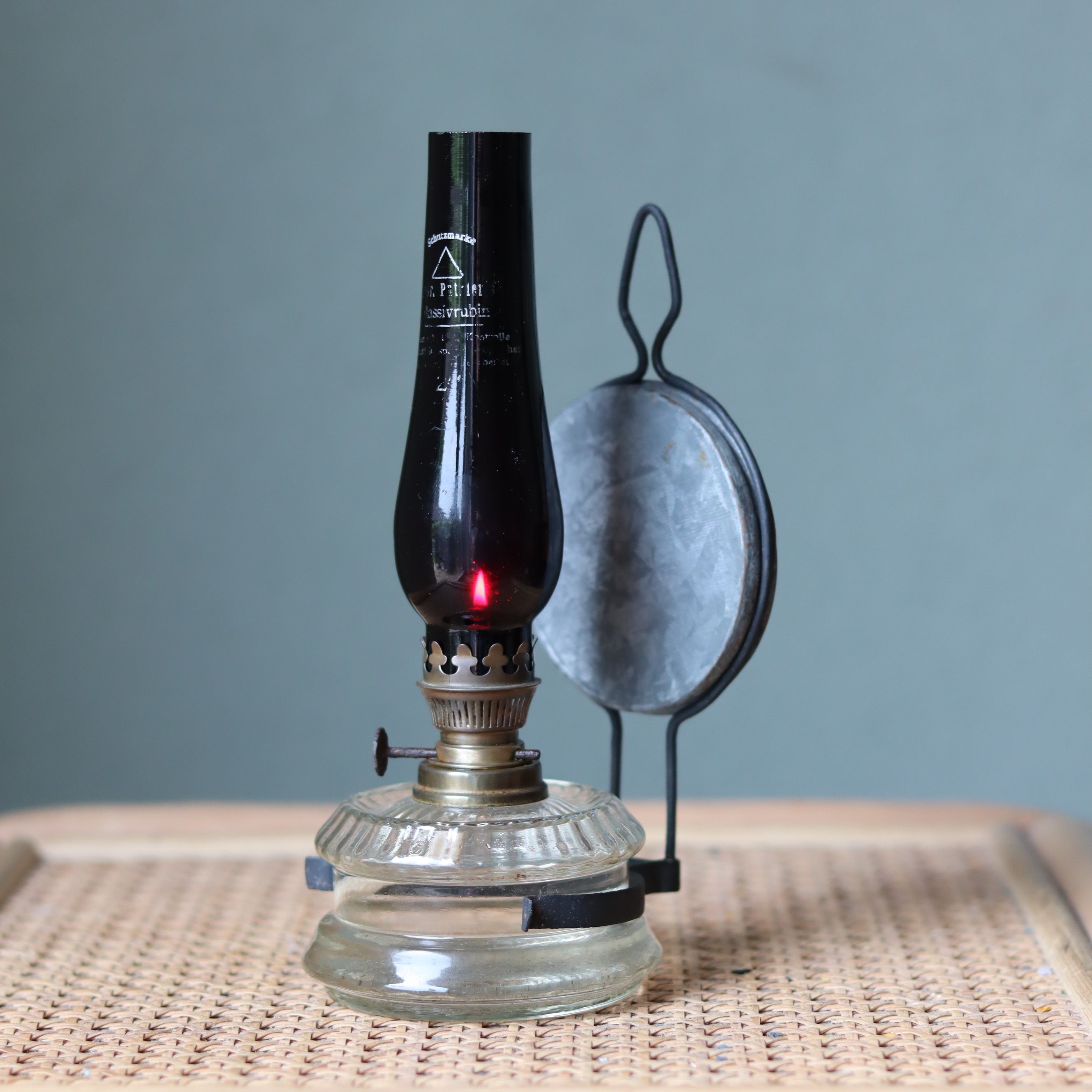 Rare Vintage Wall Oil Lamp – Red Glass Chimney by Gebr. Putzler – Kitchen Lamp – 1900s–1950s with glass and metal parts