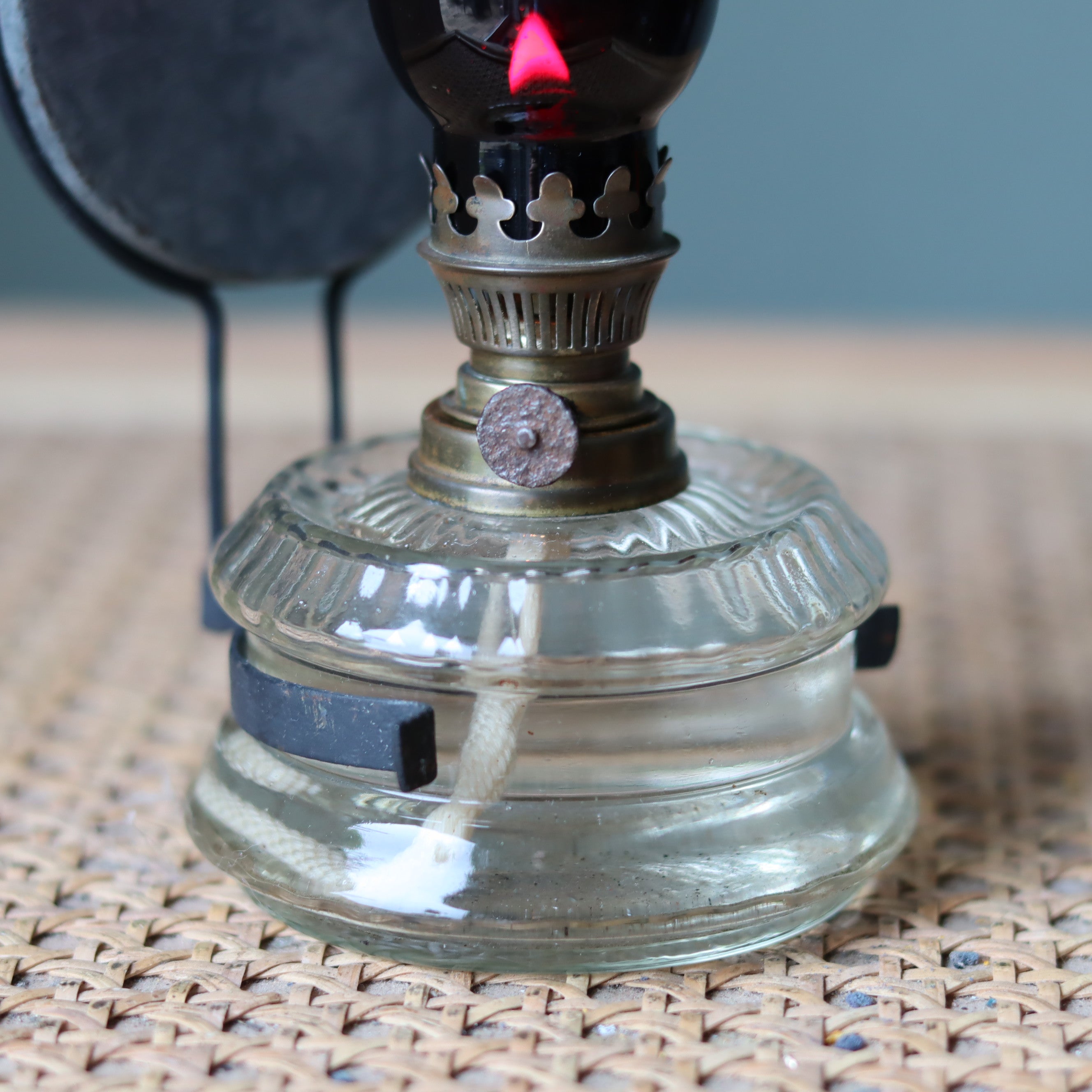 Rare Vintage Wall Oil Lamp – Red Glass Chimney by Gebr. Putzler – Kitchen Lamp – 1900s–1950s close-up detail.