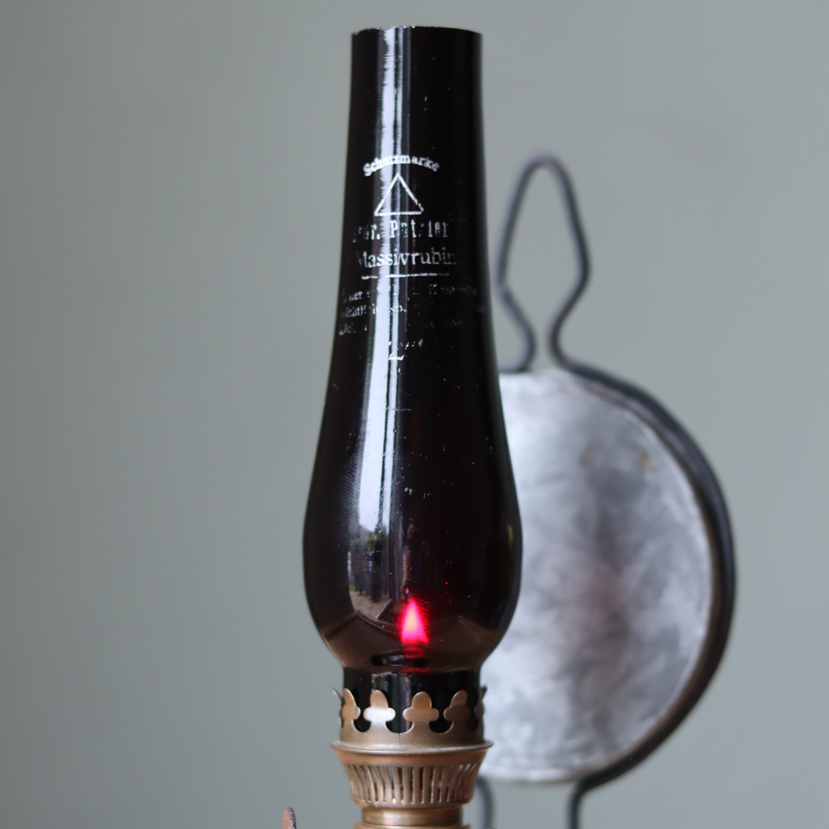 Rare Vintage Wall Oil Lamp – Red Glass Chimney by Gebr. Putzler – Kitchen Lamp – 1900s–1950s detailed close-up view
