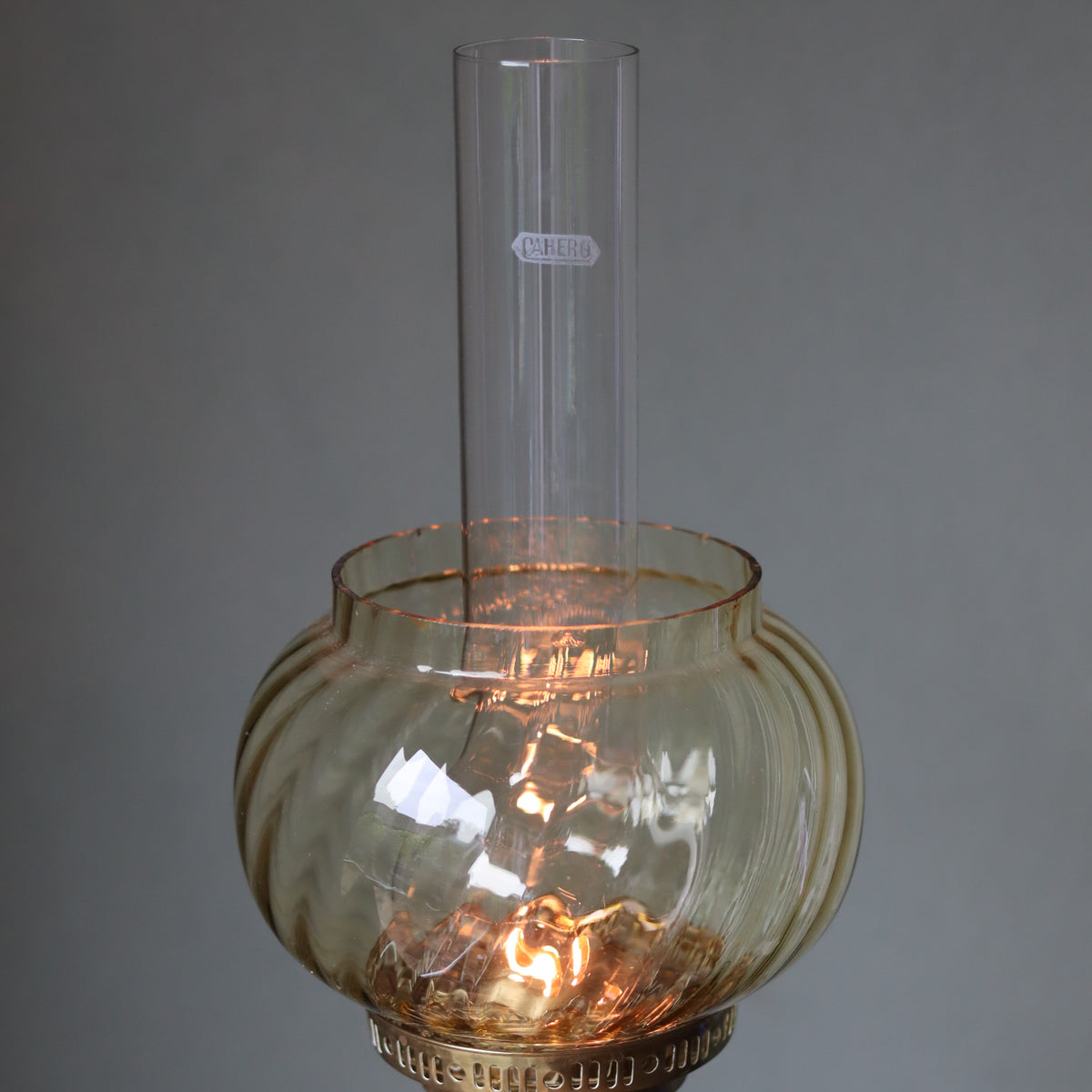 Vintage Brass Oil Lamp – Duplex Double Wick Burner with yellow glass shade from 1950s–1970s vintage lighting collection