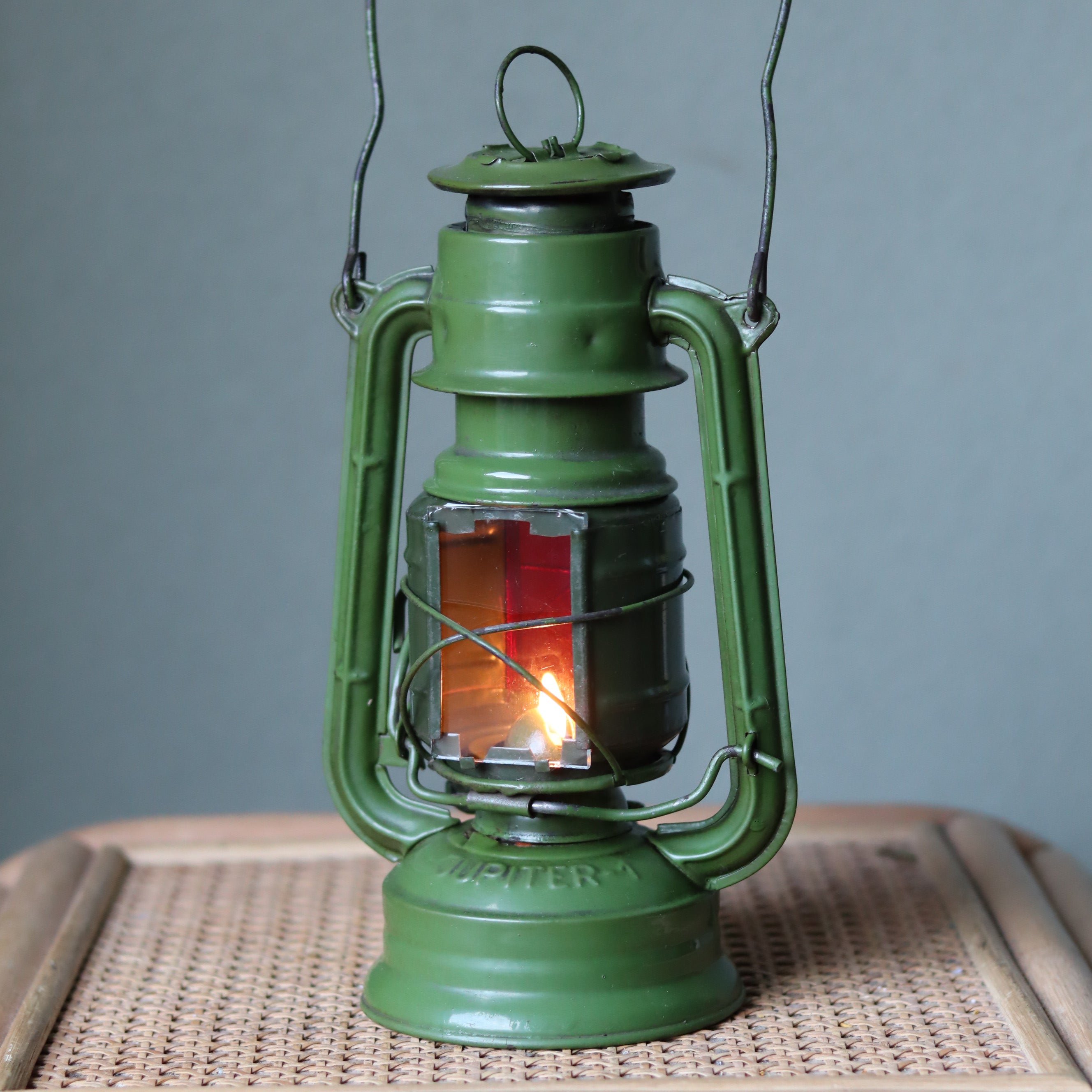 Rare Vintage Jupiter-1 Green Hurricane Lantern – Unique Flat Glass Holder with Red and Clear Panels glowing oil lamp